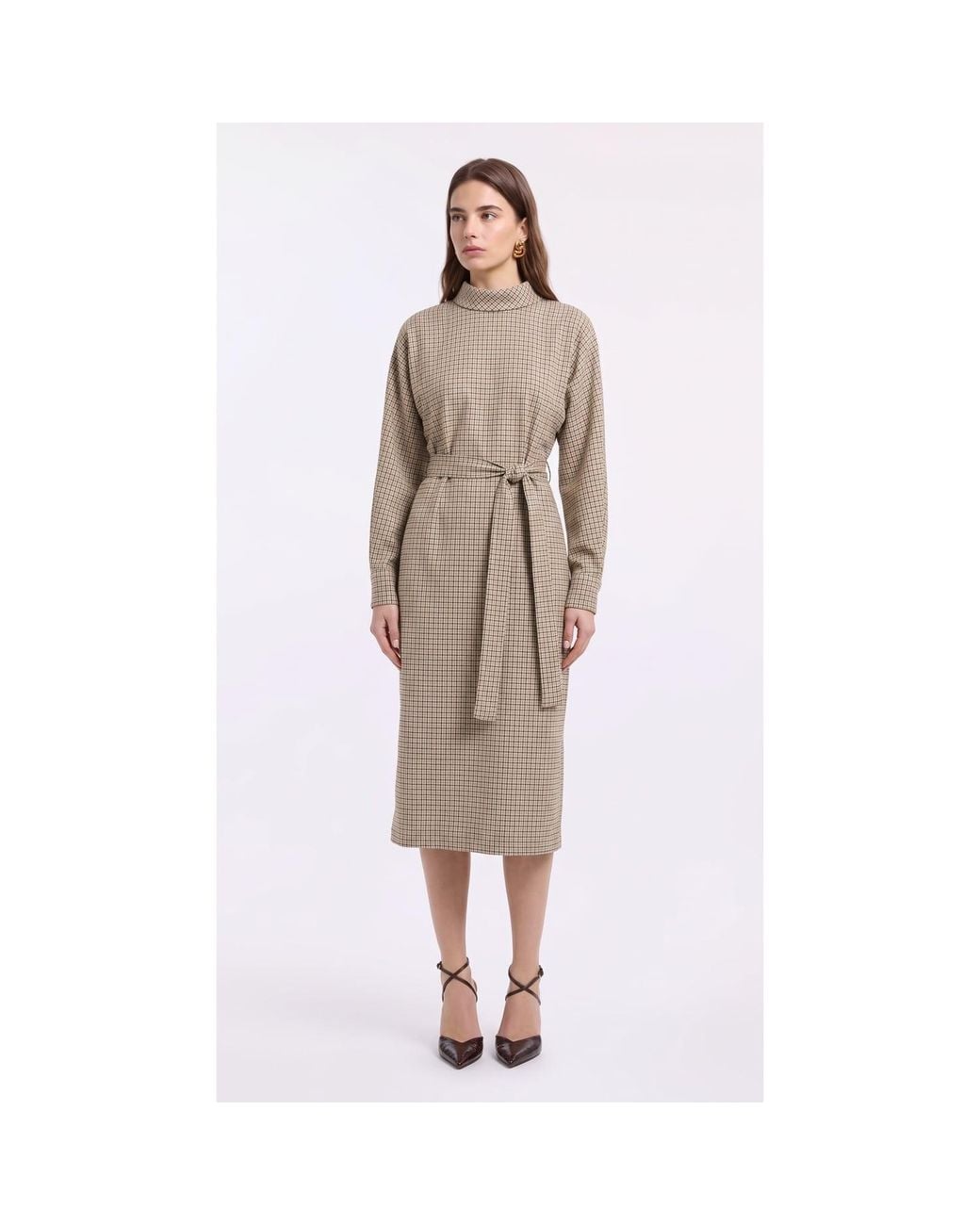 concept A trois Natural Neutrals Plaid Midi Dress With Waist Tie