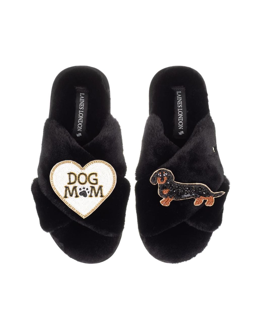 Laines London Black Classic Laines Slippers With Dog Mum/Mom & & Tan Dachshund Brooches