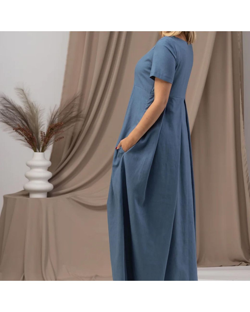 Nikka Place Blue Maxi Linen Maternity Dress With Short Sleeves And Empire Waist