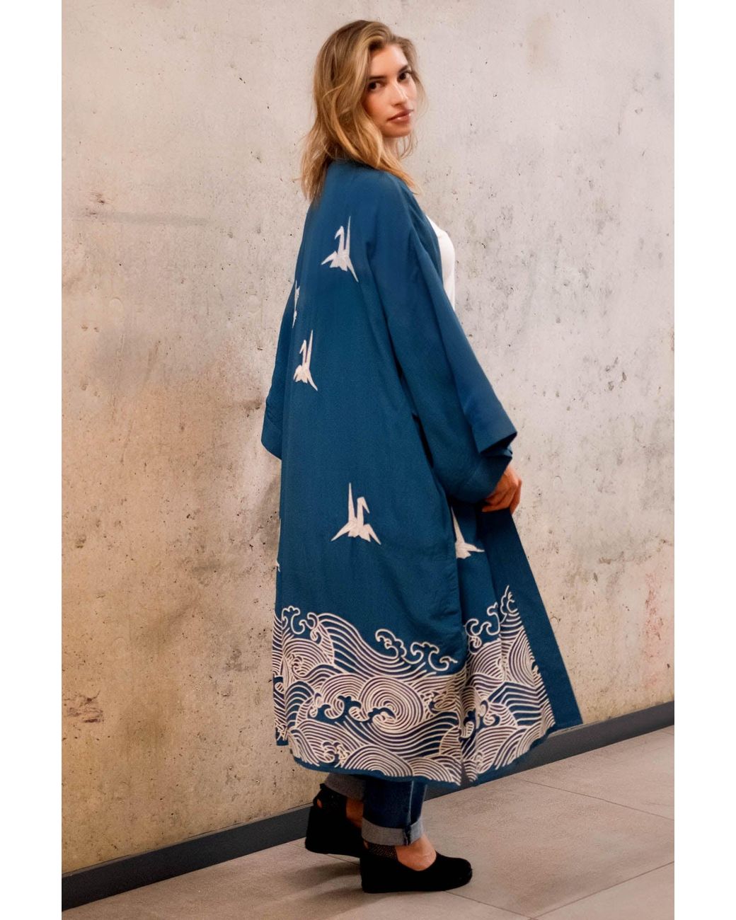 Artemis Muse Blue Origami & Hokusai Wave Embroidered Fully Lined Deep Long Kimono