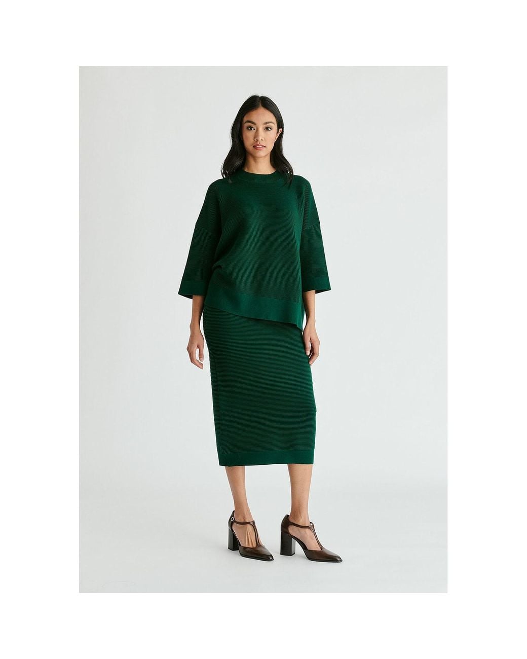 Paisie Green Mock Neck Cropped Sleeve Ribbed Jumper