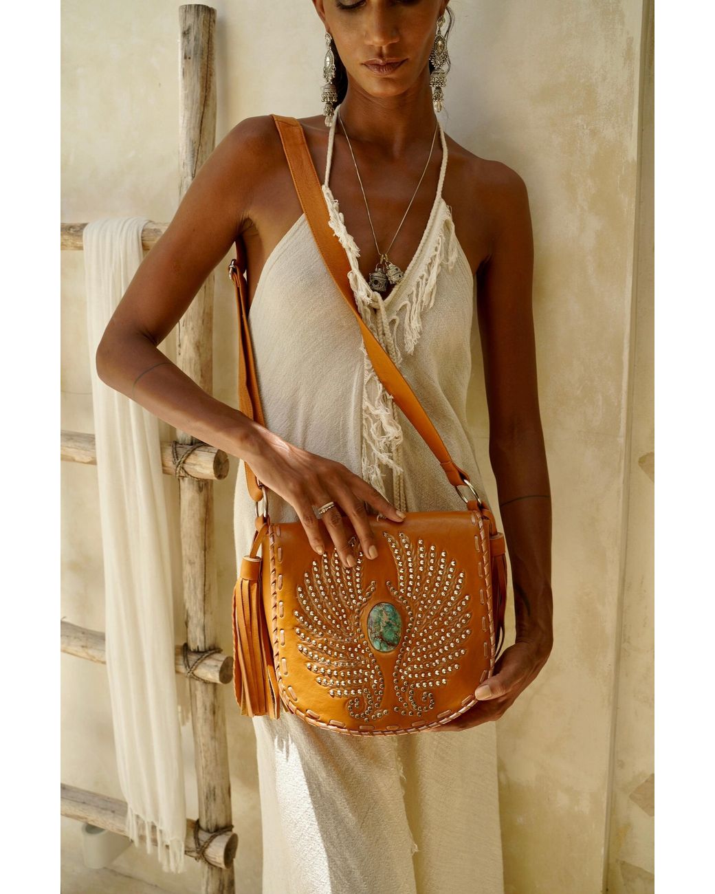 Jodi Lee Brown Fly Away Feather Bag Antique Tan