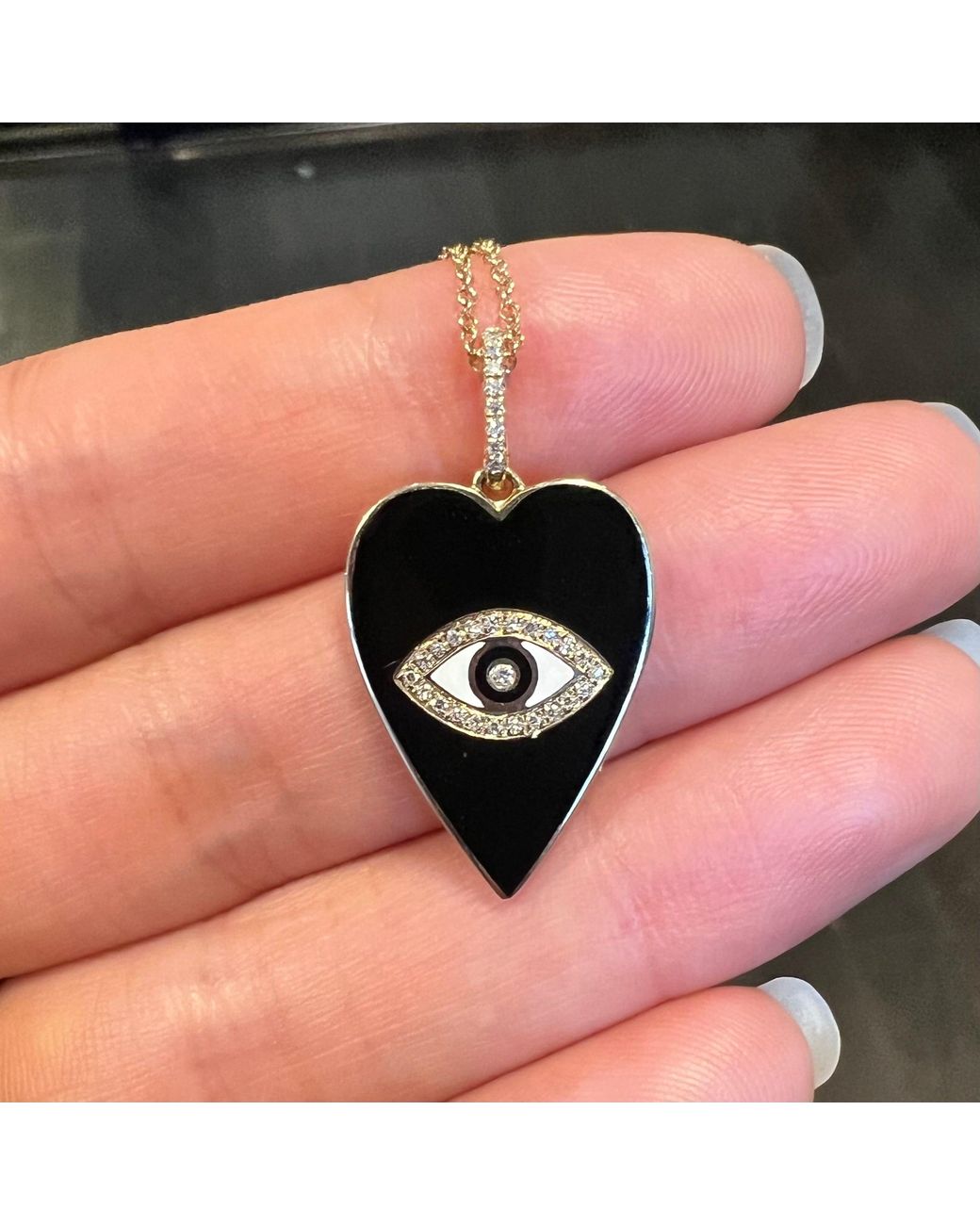 KAMARIA Metallic Enamel Heart & Evil Eye Necklace With Diamonds