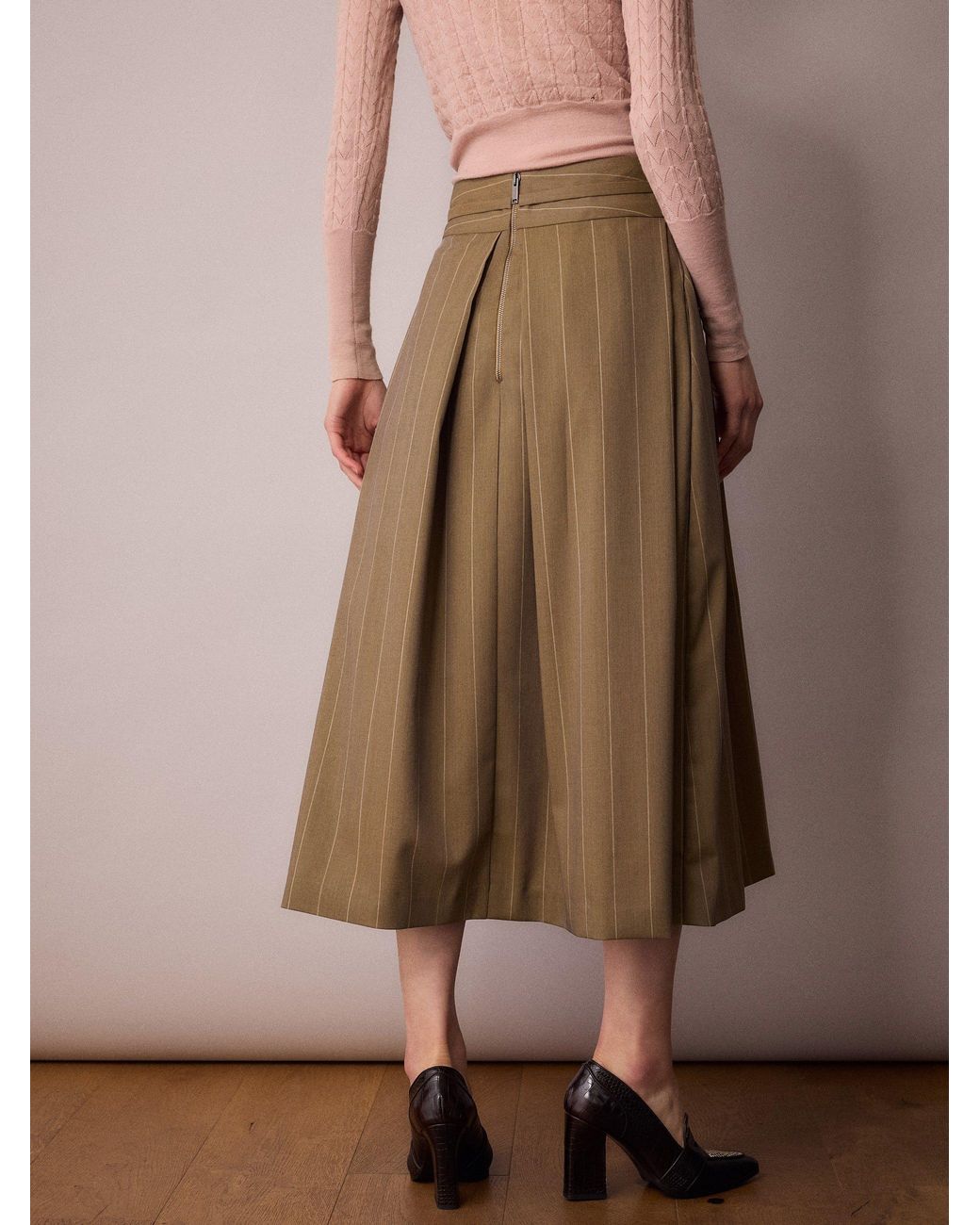 Amanda Thompson Couture Brown Marlo Box Pleat Skirt Sand Pinstripe