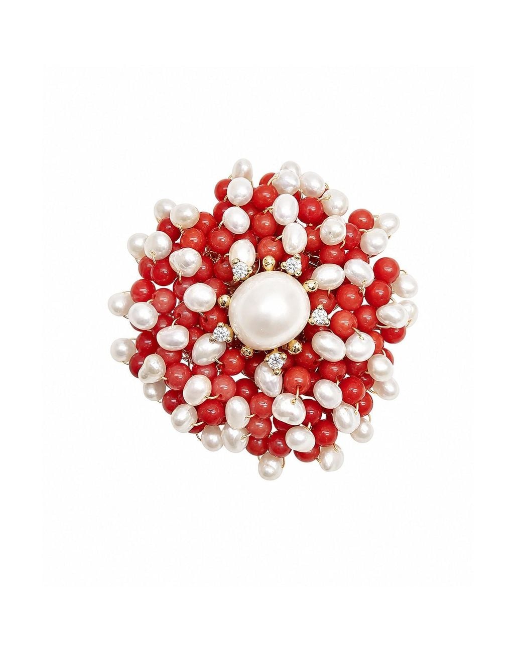 Farra Red Flower Handcrafted Bamboo Coral And Freshwater Pearl Brooch