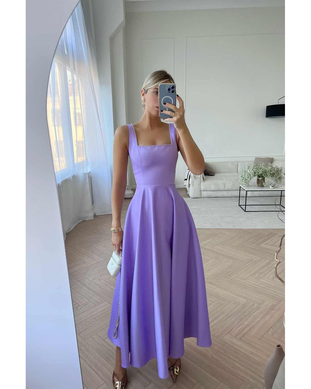 POST MERIDIEM Purple Strap Decorated Bodice Midi Dress