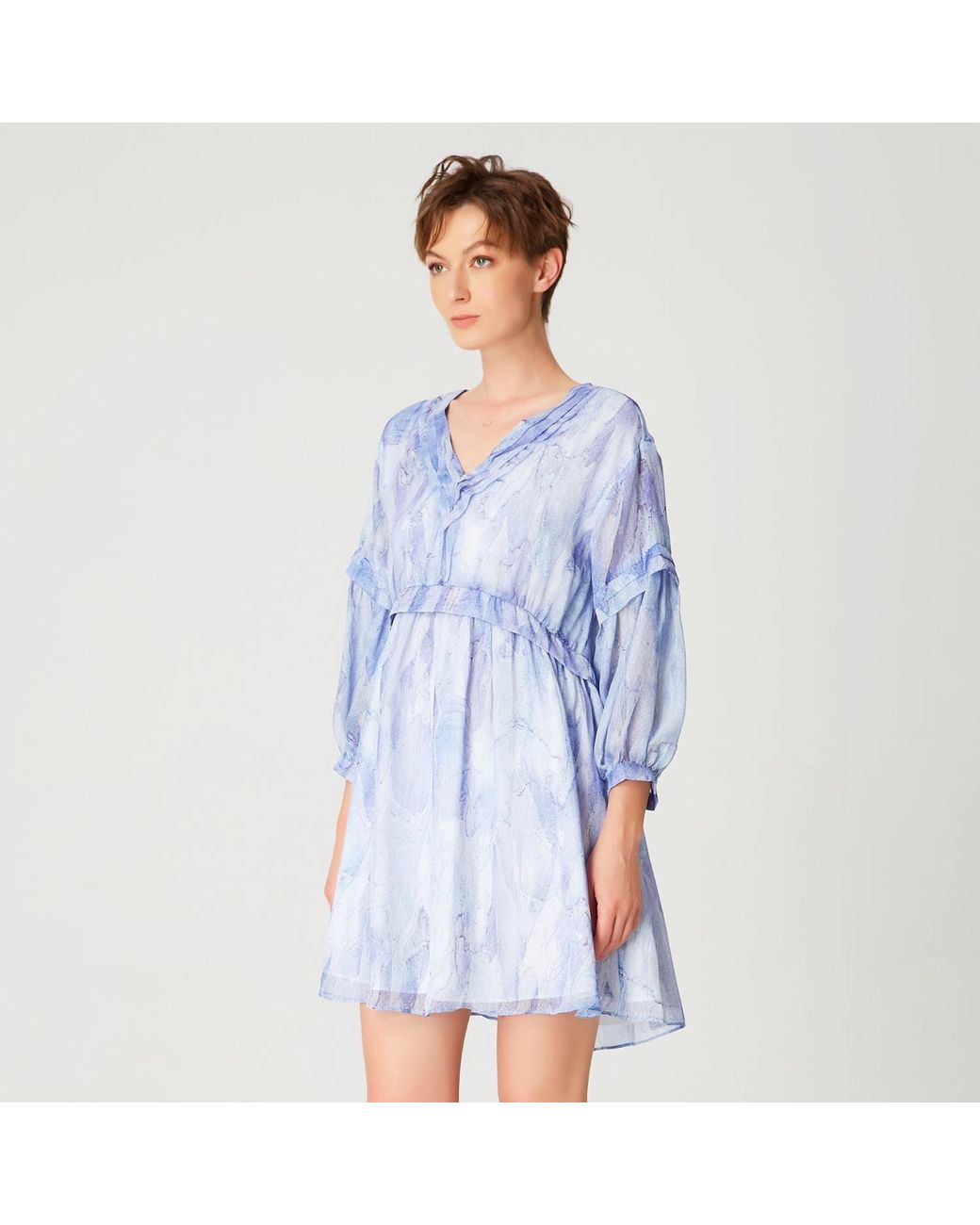 Smart and Joy Blue Short Trapeze Chiffon Dress With Abstract Print