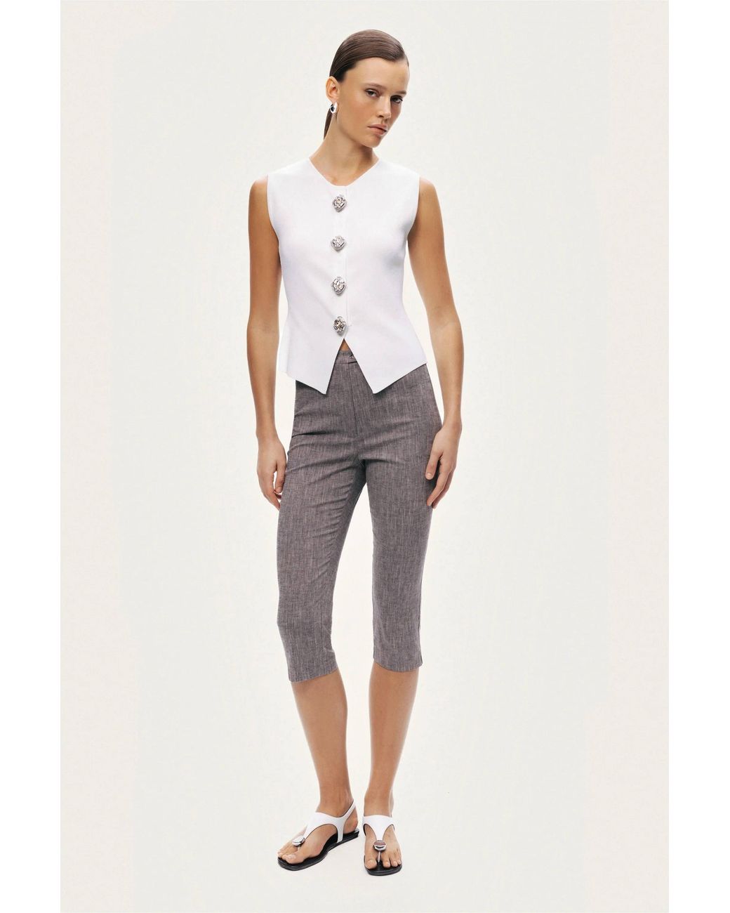 Nocturne Gray Ivory Embellished Sleeveless Knit Top