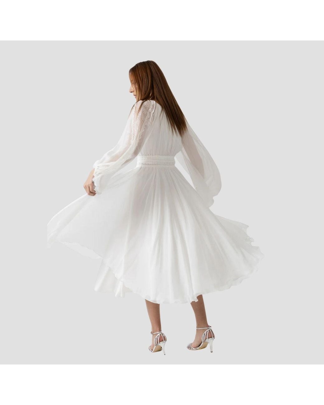 IZABELA MANDOIU White Midi Silk Voile Dress With Macramé Insets And Adjustable Waist