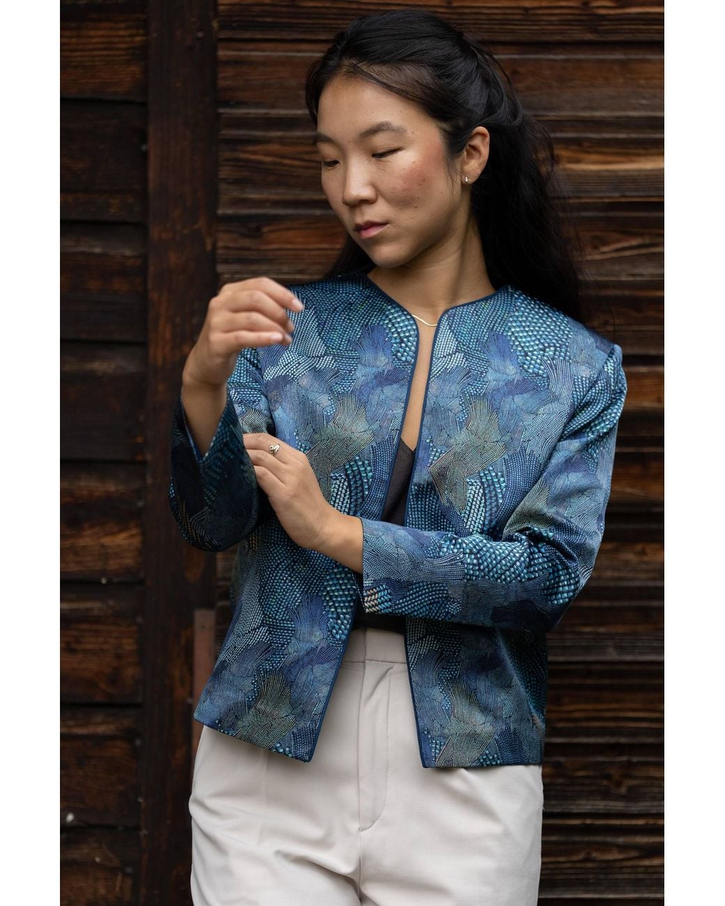 Stovaria Blue Peacock Pure Silk Statement Jacket