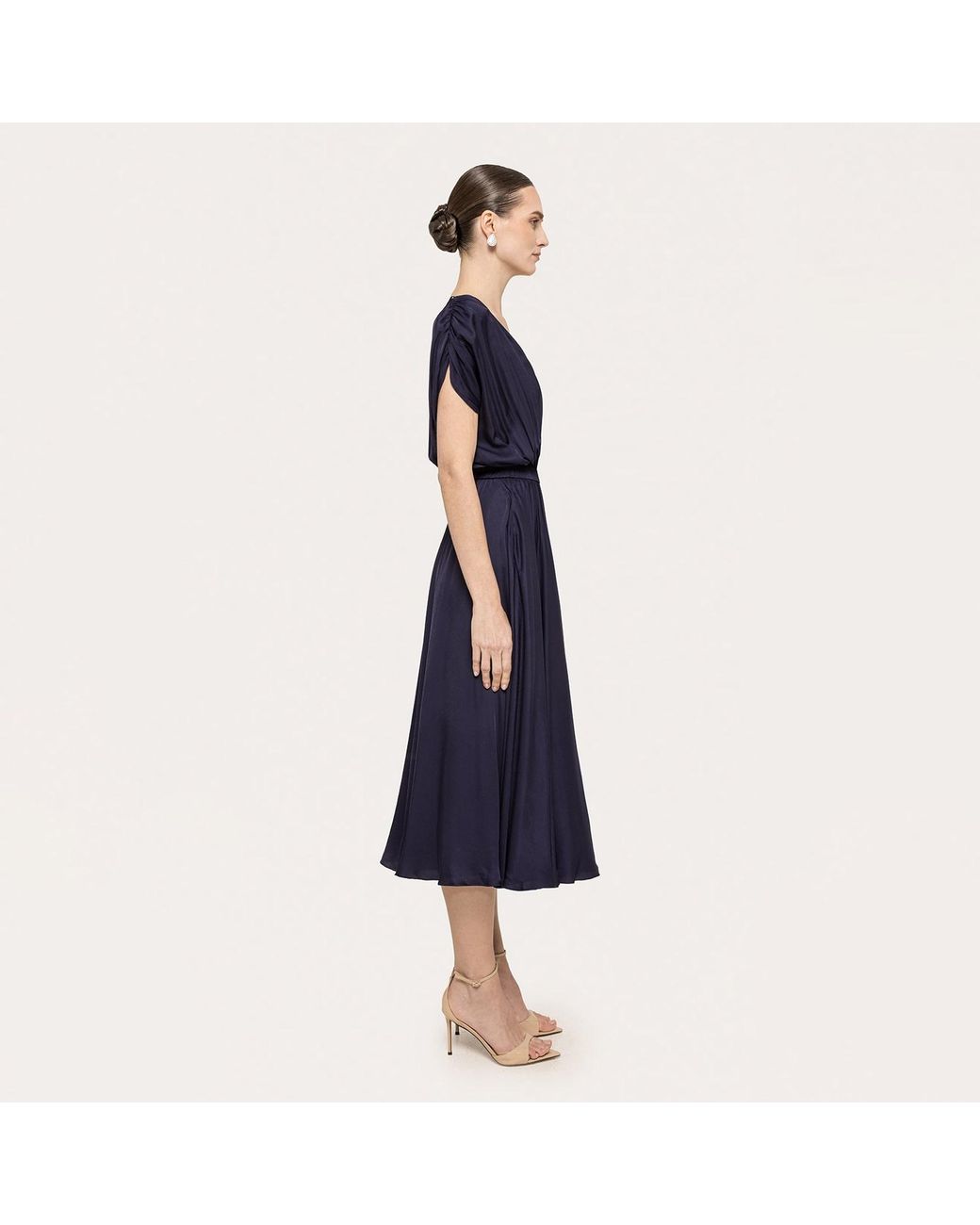 Nissa Blue Belted Viscose Midi Dress
