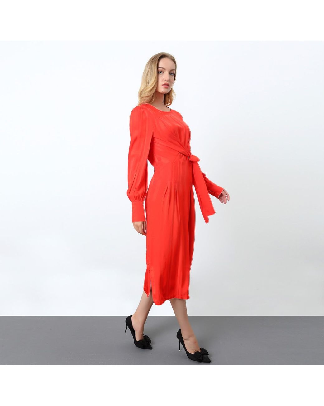Smart and Joy Red Draped Blouse Dress With Side Bow