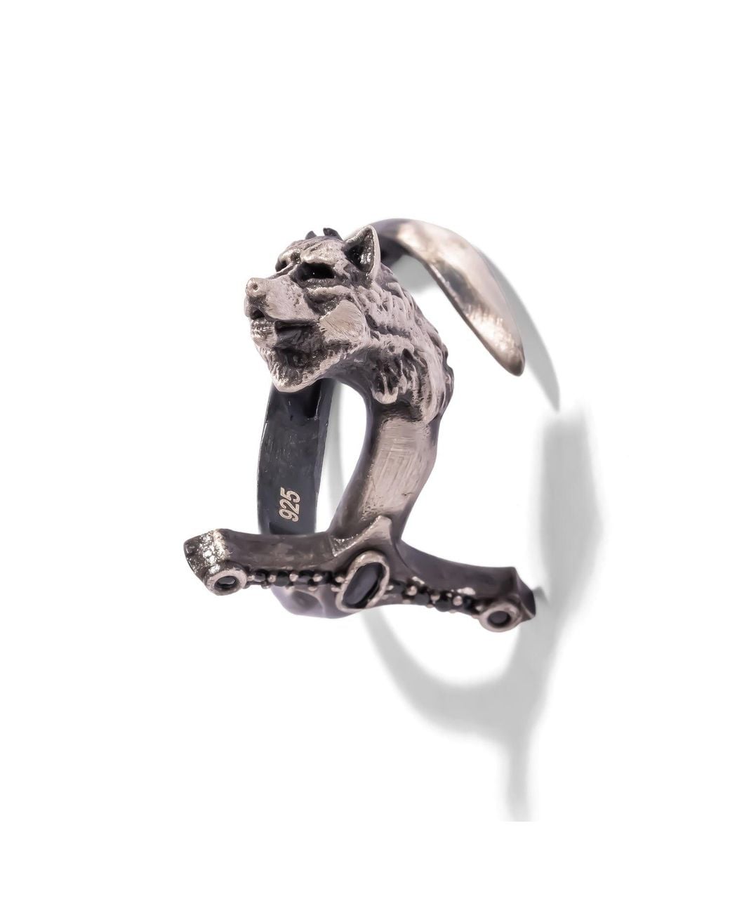 Ebru Jewelry White Wolf Sword Zircon Oxidized Sterling Ring for men