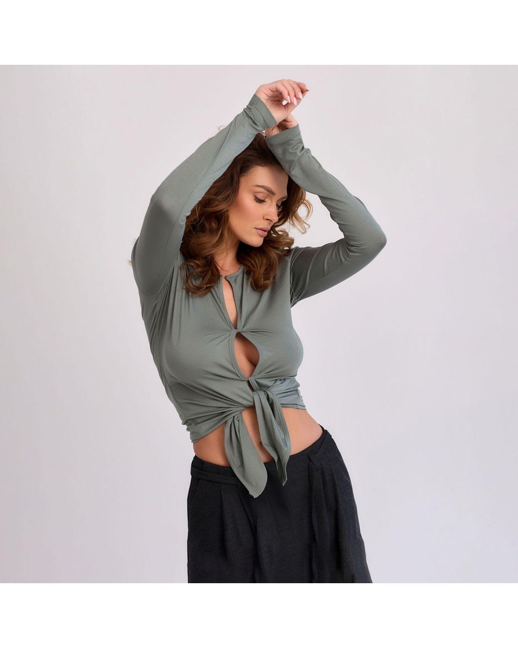 Mandragora Green Khaki Viscose Top With Woven Openings