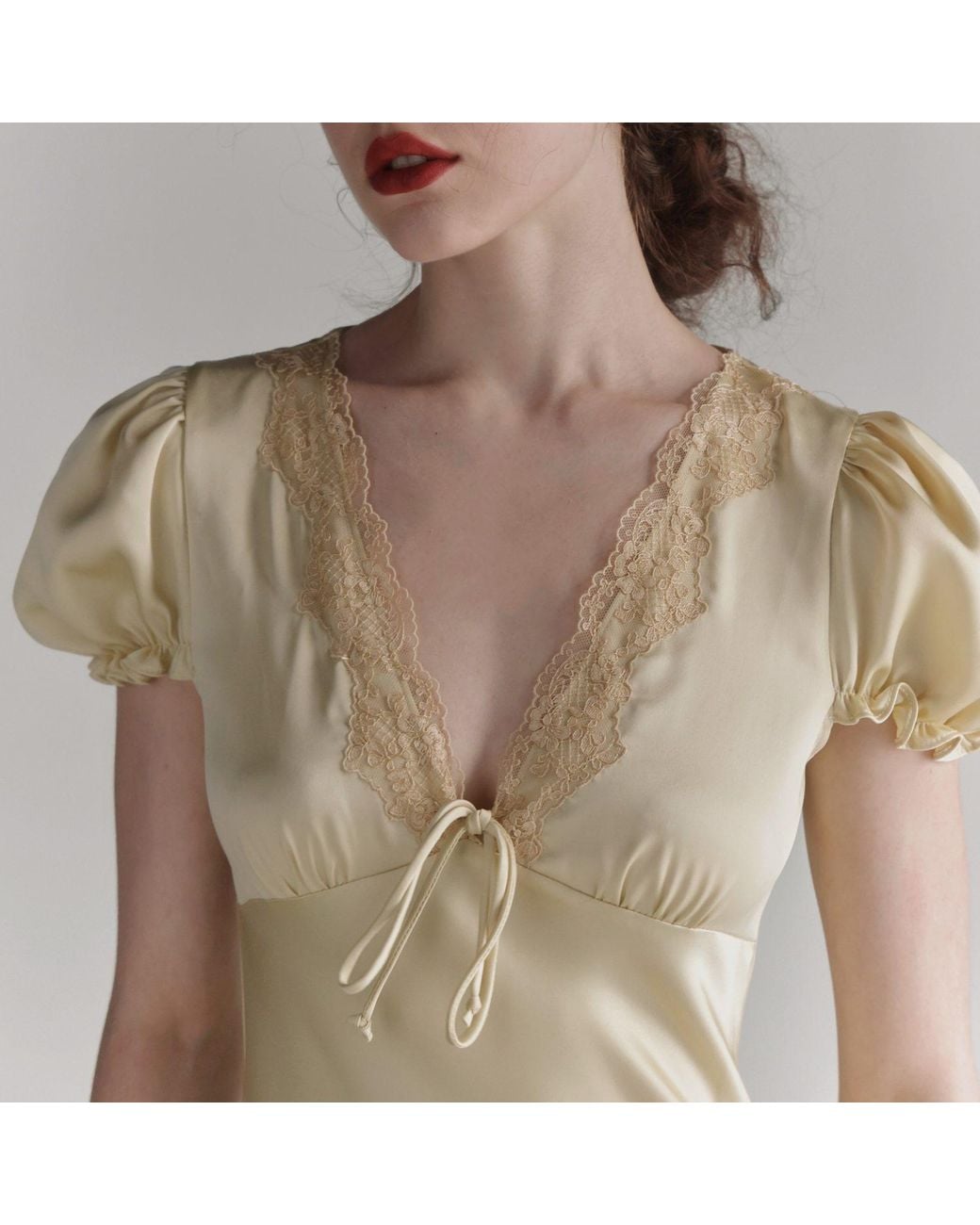 Belsize25 Metallic Lemon Tart Dress – Lace-Trim Bias-Cut Satin Dress