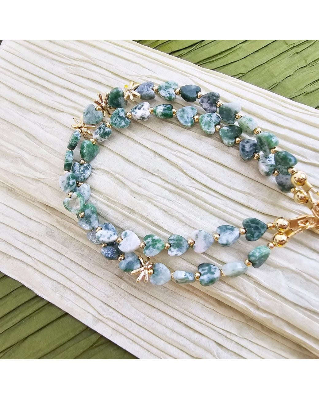 Farra Green Dot Agate Double Layers Adjustable Bracelet