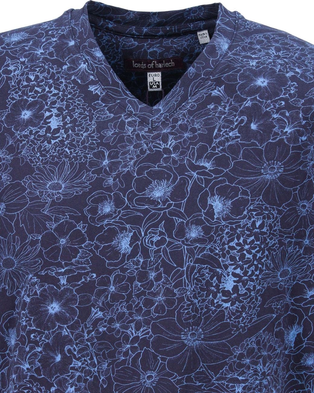 Lords of Harlech Blue Maze Outline Floral V-Neck Tee for men