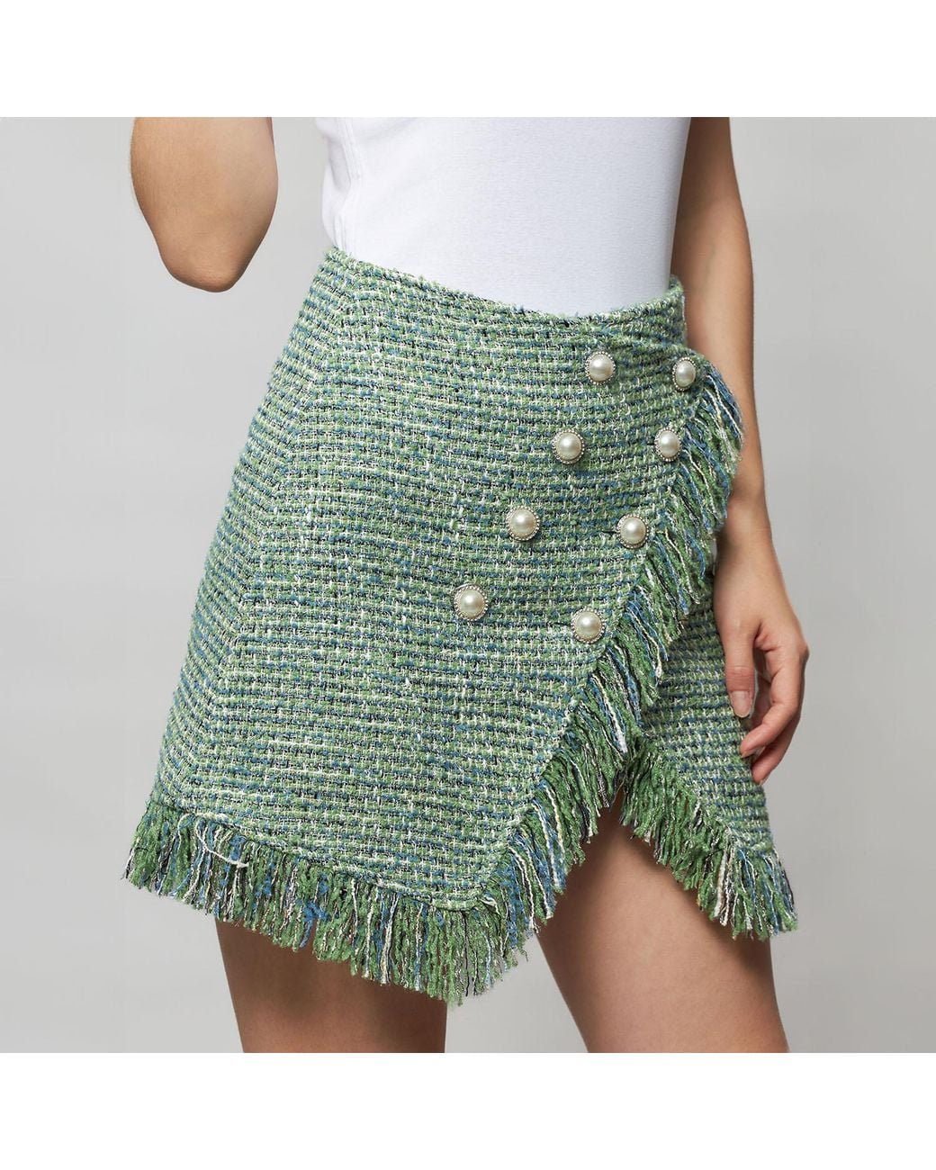 Solgo Atelier Green Cora Tweed Wrap Mini Skirt