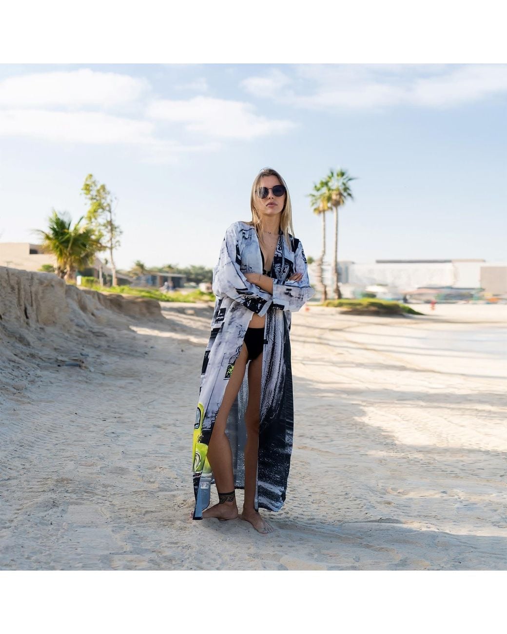 DHARA SHETH DUBAI Gray Neon Drive Car Abstract Print Long Kimono
