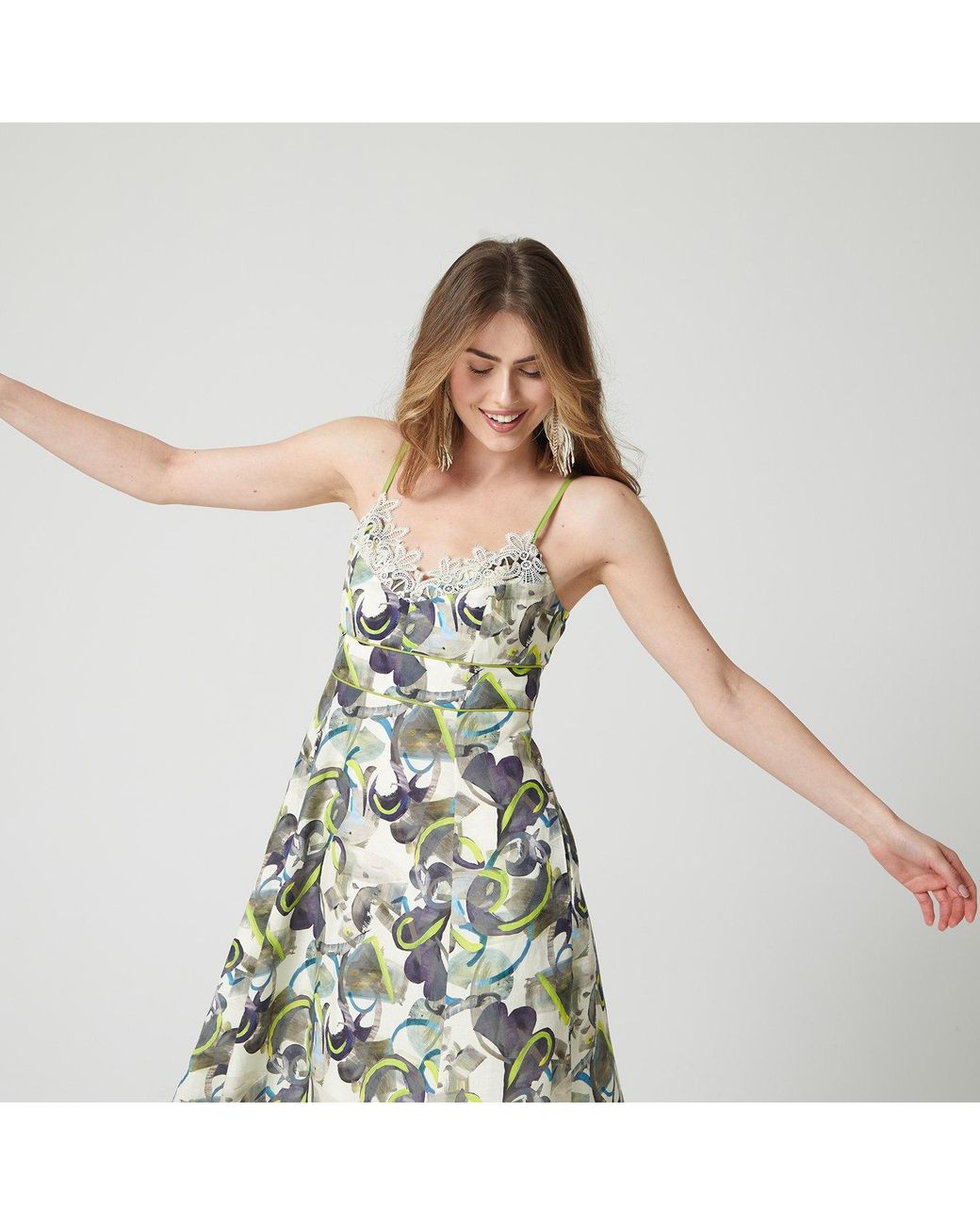 Lalipop Design Green Abstract Print Linen Midi Dress