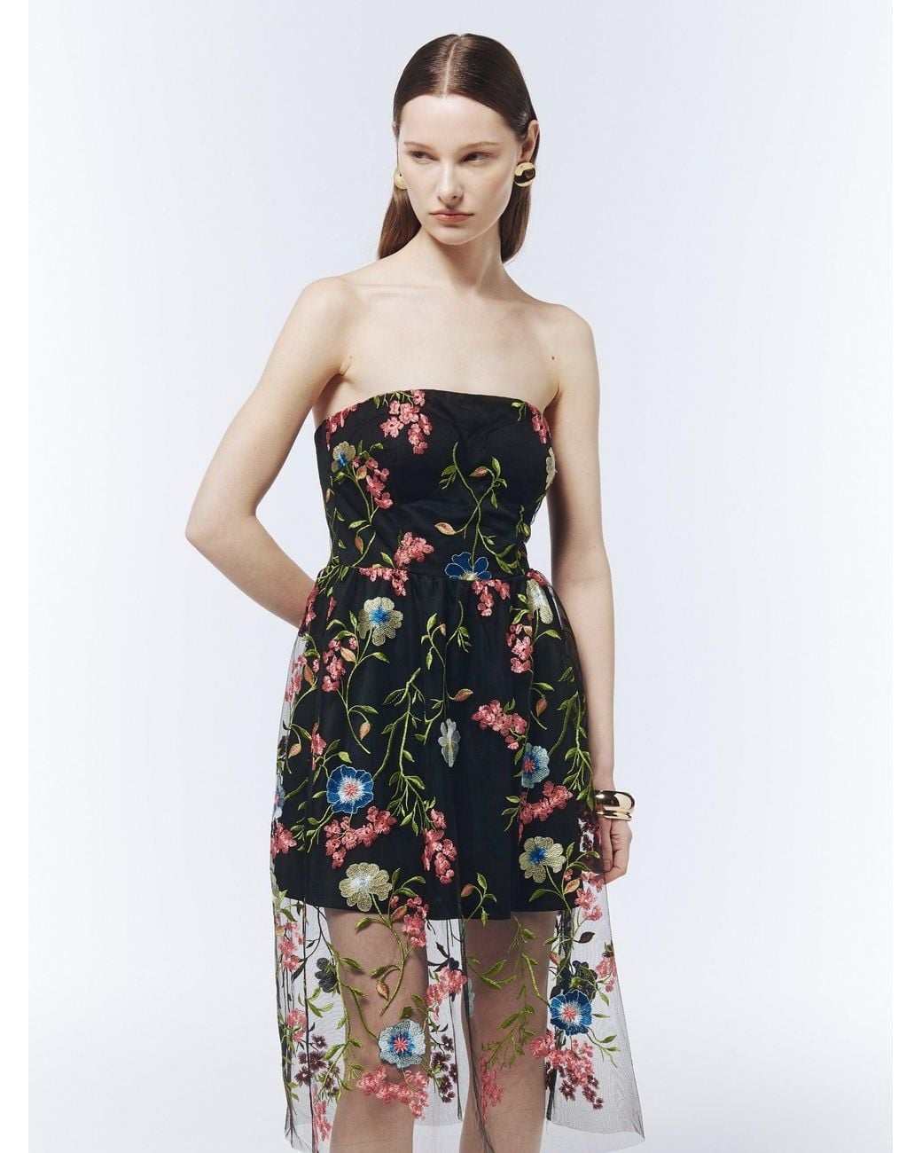 Sour Figs Black Floral-Embroidered Strapless Midi Dress