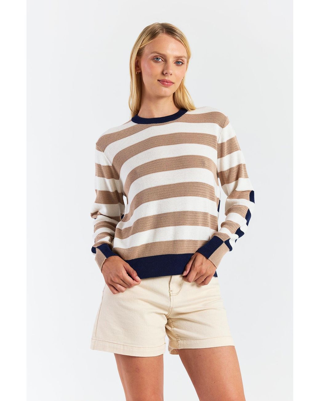 Brodie Cashmere White Mesh Stripe Crew