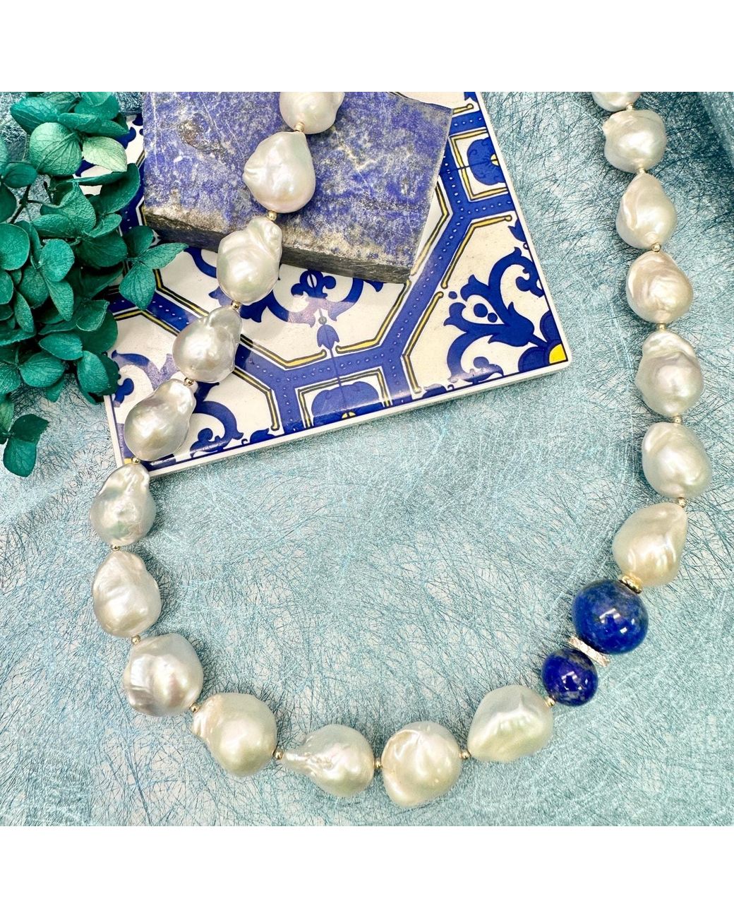 Farra Blue Baroque Pearls With Lapis Chunky Necklace
