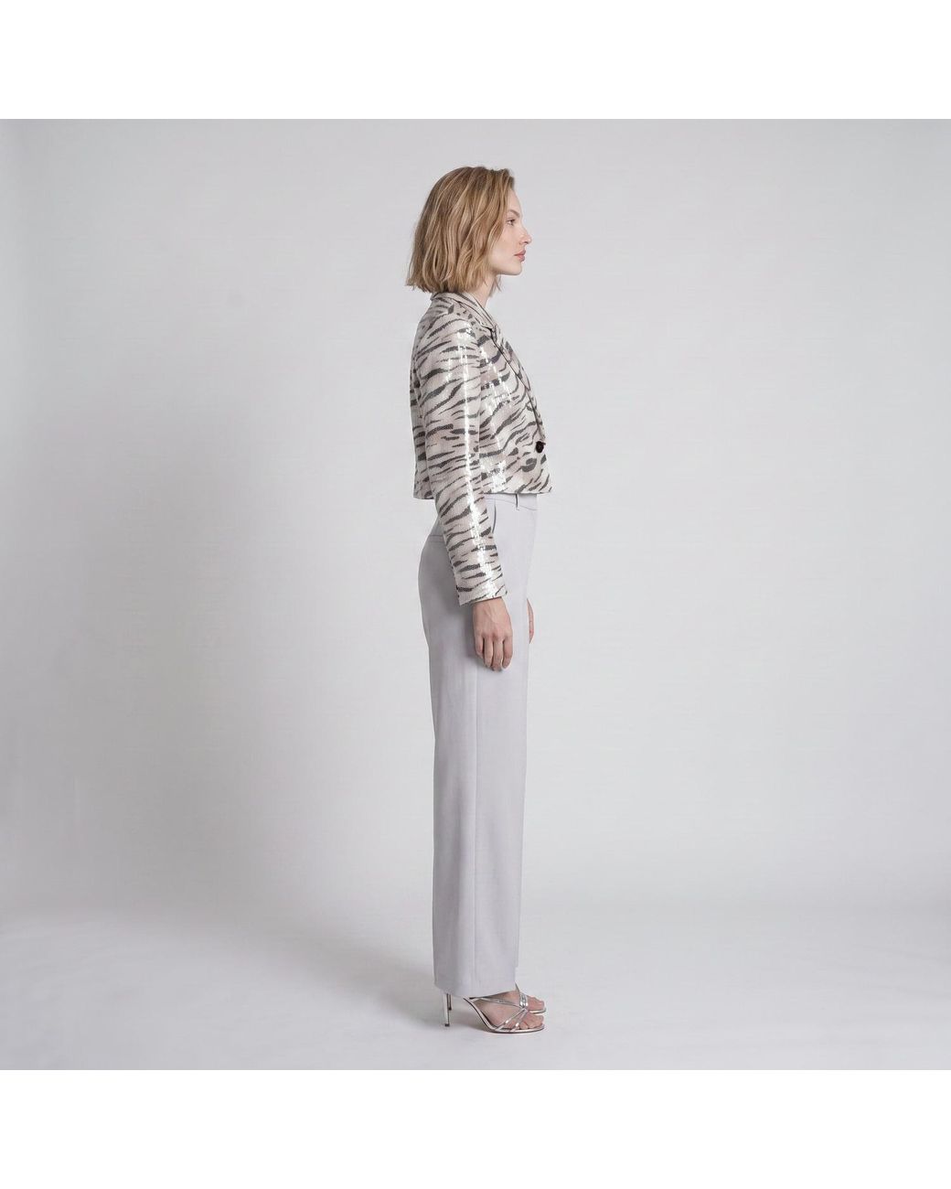 Modenaire Gray Leopard Print Sequin Cropped Jacket With Button Front