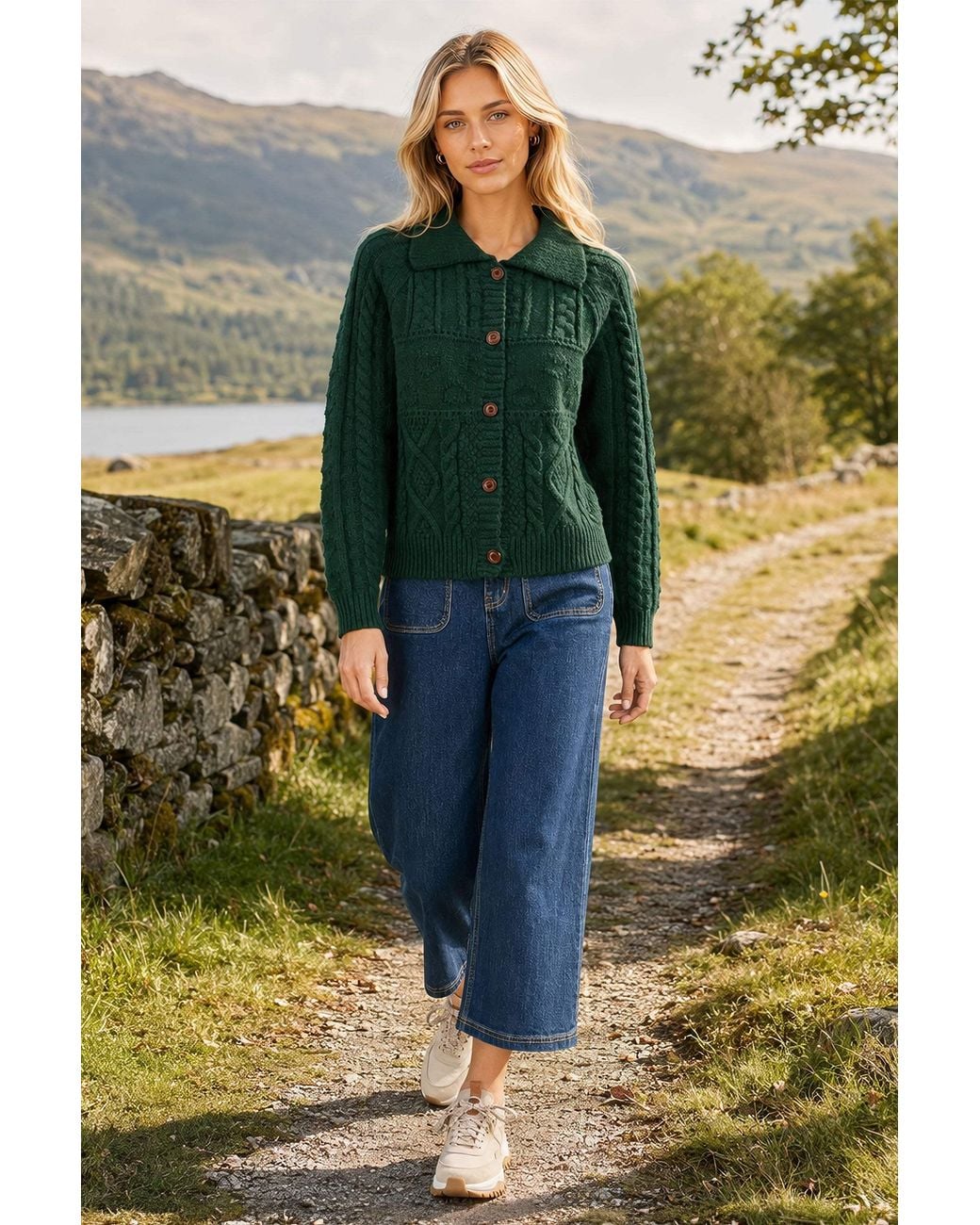 Yumi' Green Cable Knit Boxy Jacket