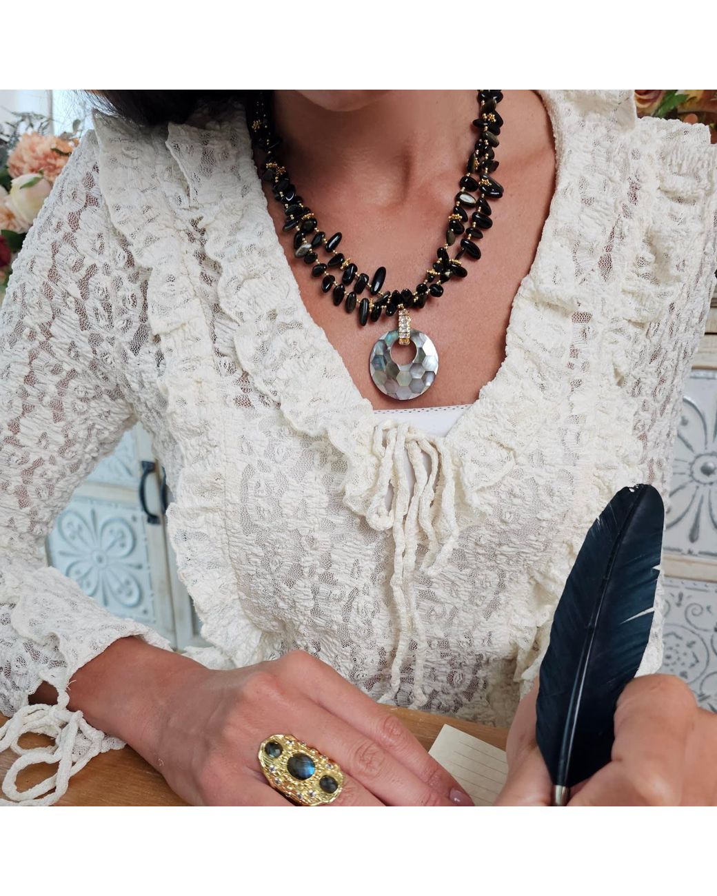 Farra Black Obsidian With Shell Pendant Classical Necklace