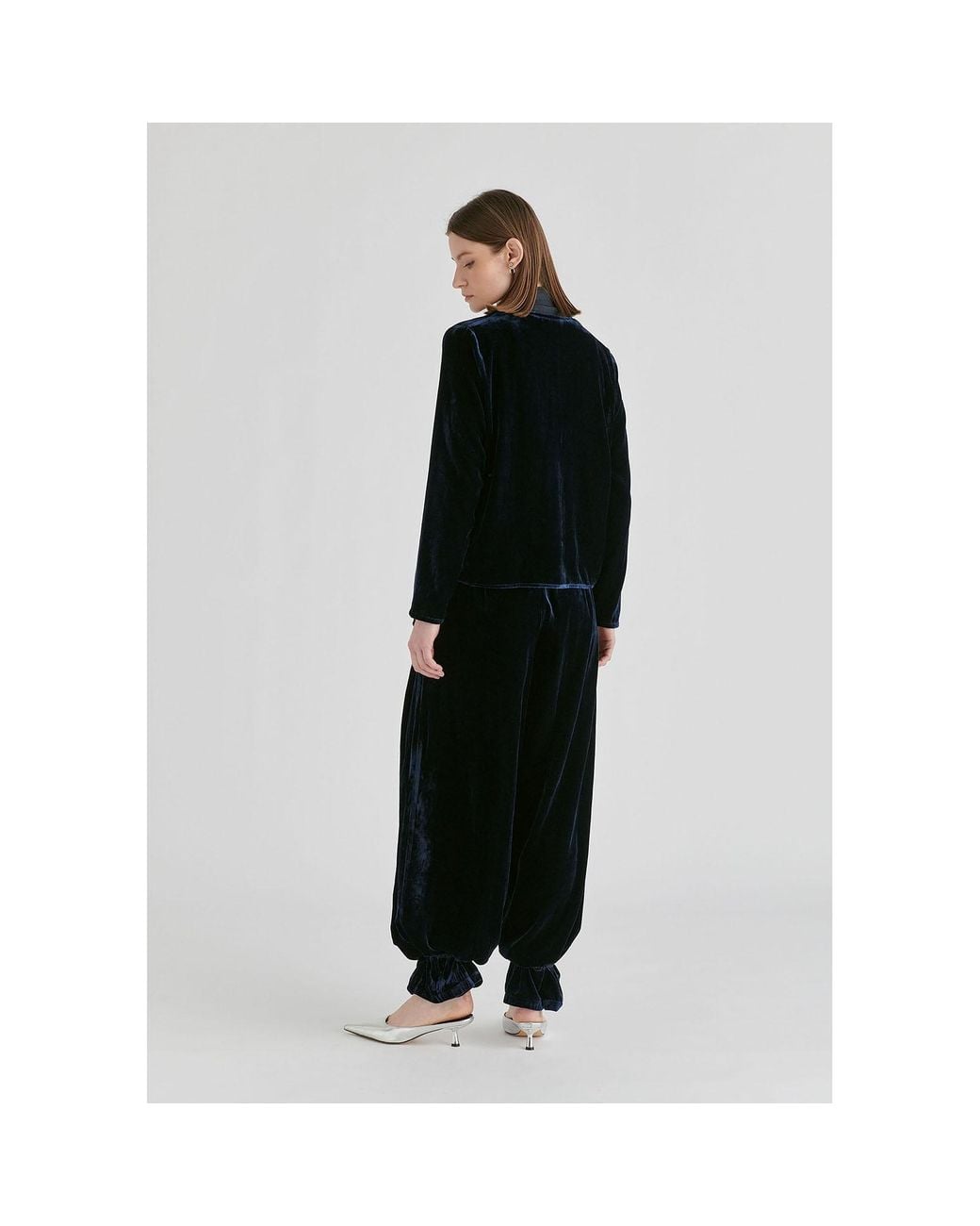 Paisie Blue Velvet Wide-Leg Trousers With Separate Elastic Ankle Bands