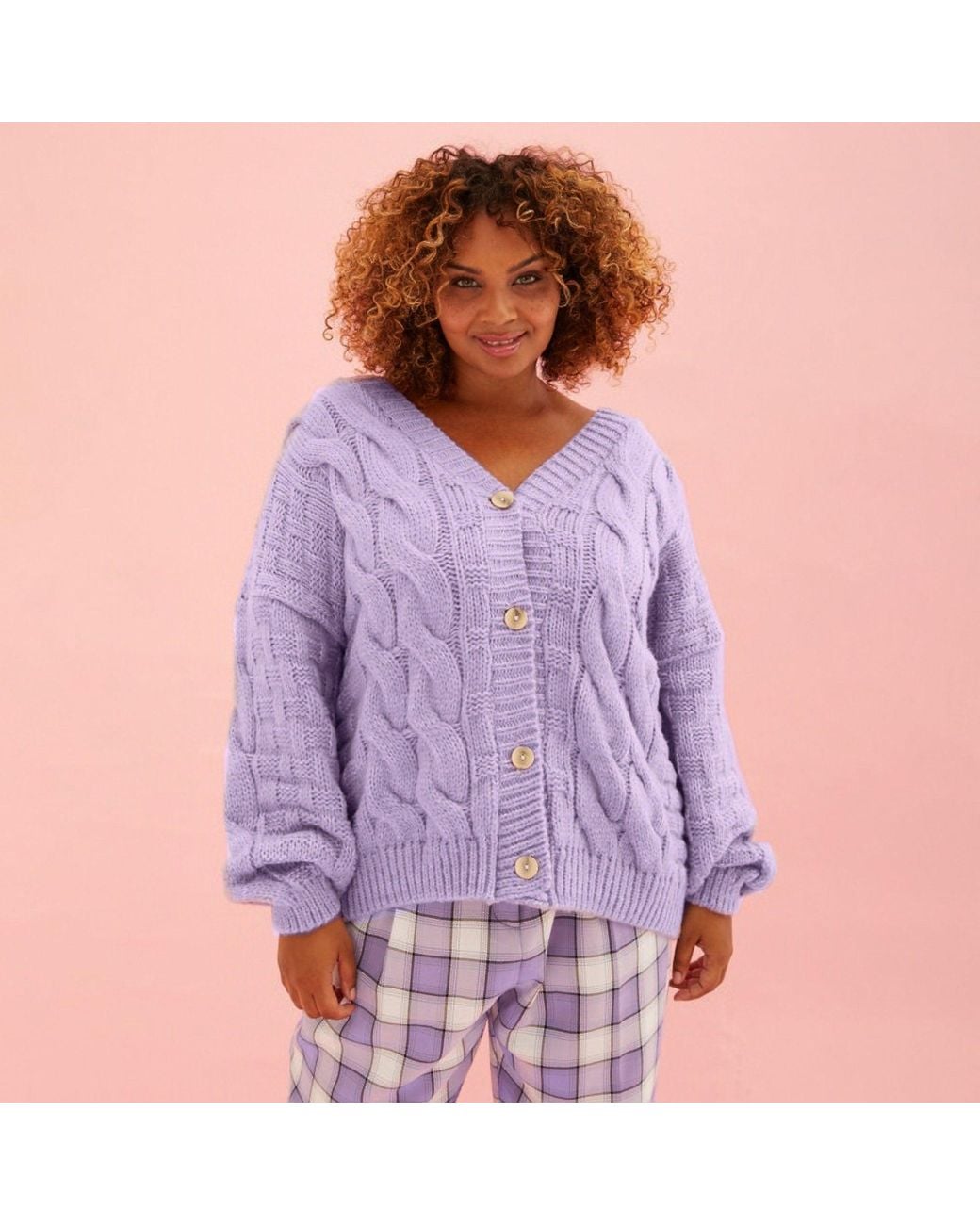 Cara & The Sky Purple Gemma Basket Stitch Balloon Sleeve Cardigan