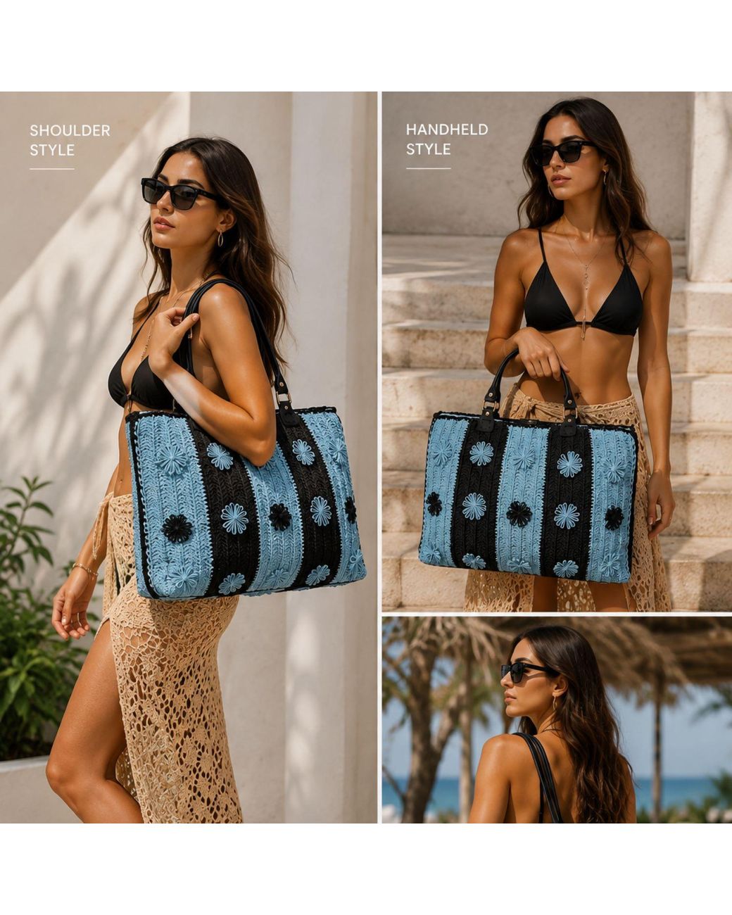 Springmoonatelier Blue Handcrafted & Raffia Bloom Tote