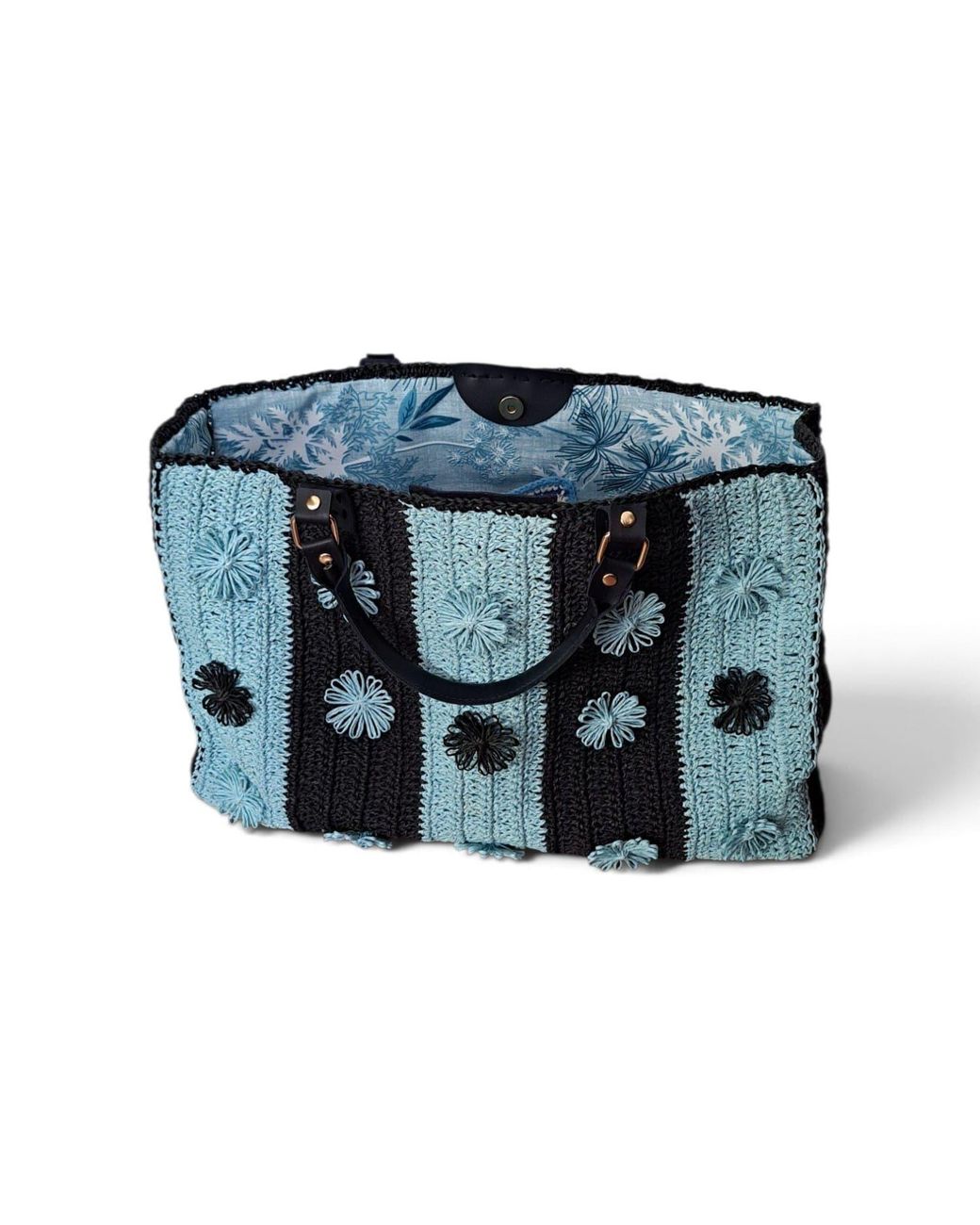 Springmoonatelier Blue Handcrafted & Raffia Bloom Tote