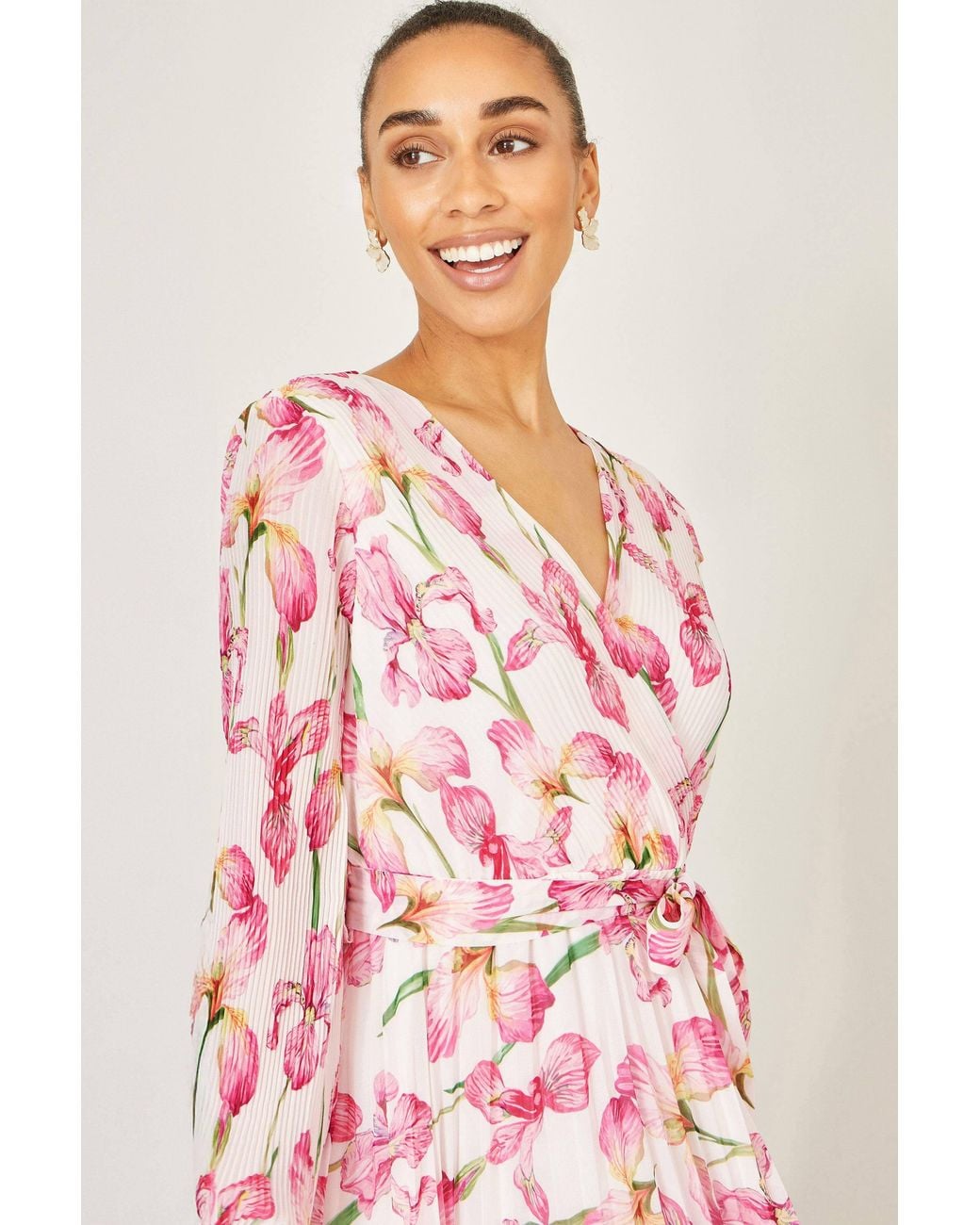 Yumi' Pink Neutrals Orchid Floral Pleated Wrap Maxi Dress