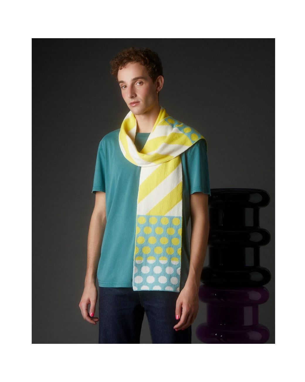 INGMARSON Yellow Stripes & Circles Wool & Cashmere Scarf for men