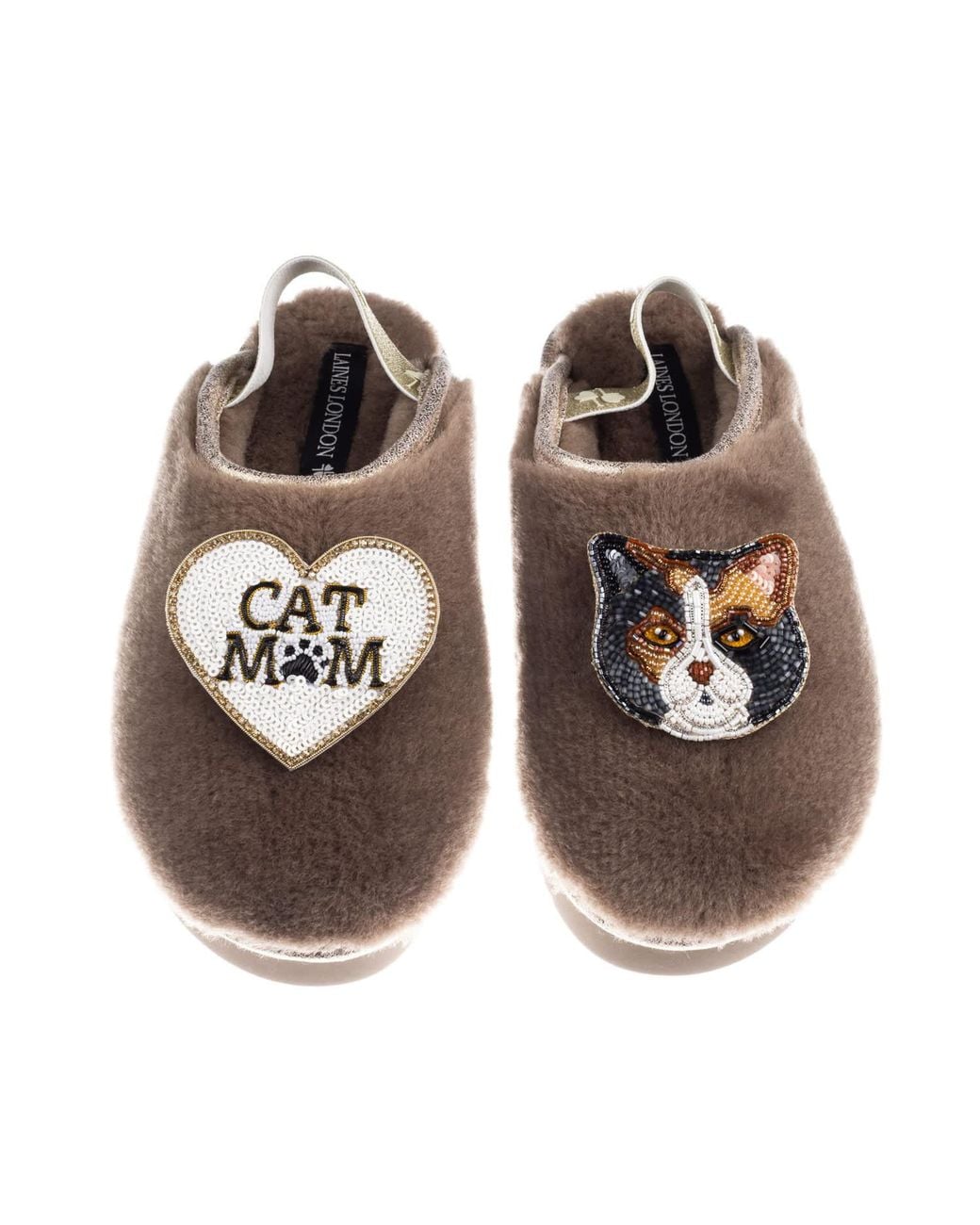 Laines London Brown Neutrals Flatform Cloud Slippers With Calico British Shorthair Cat & Cat Mum/Mom Brooches