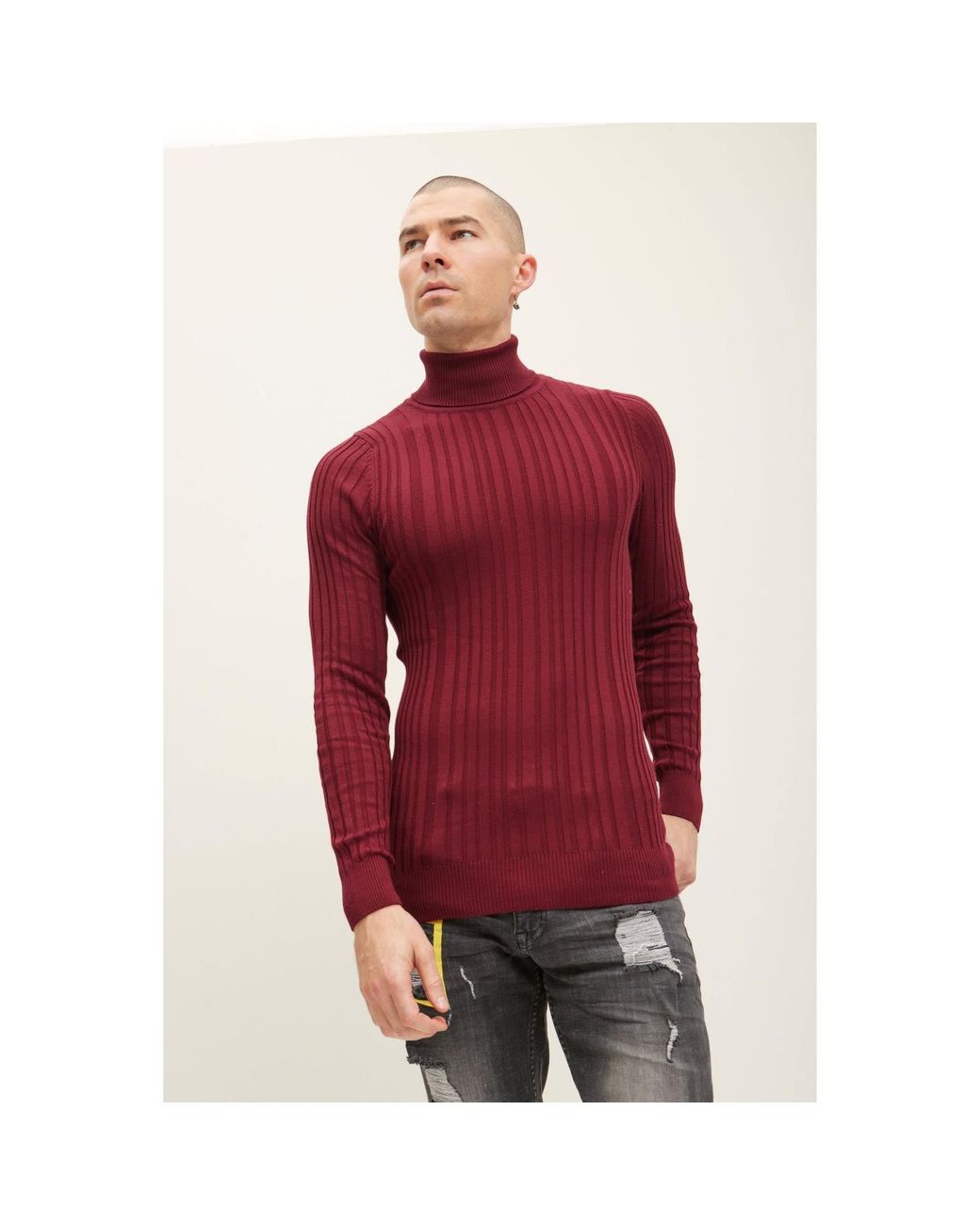Ron Tomson Red Roll Neck Ribbed Sweater for men