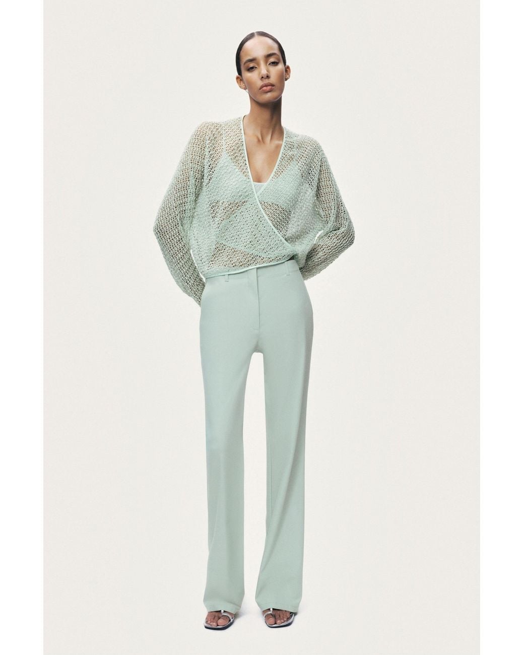 Nocturne Green Wrap Mesh Blouse