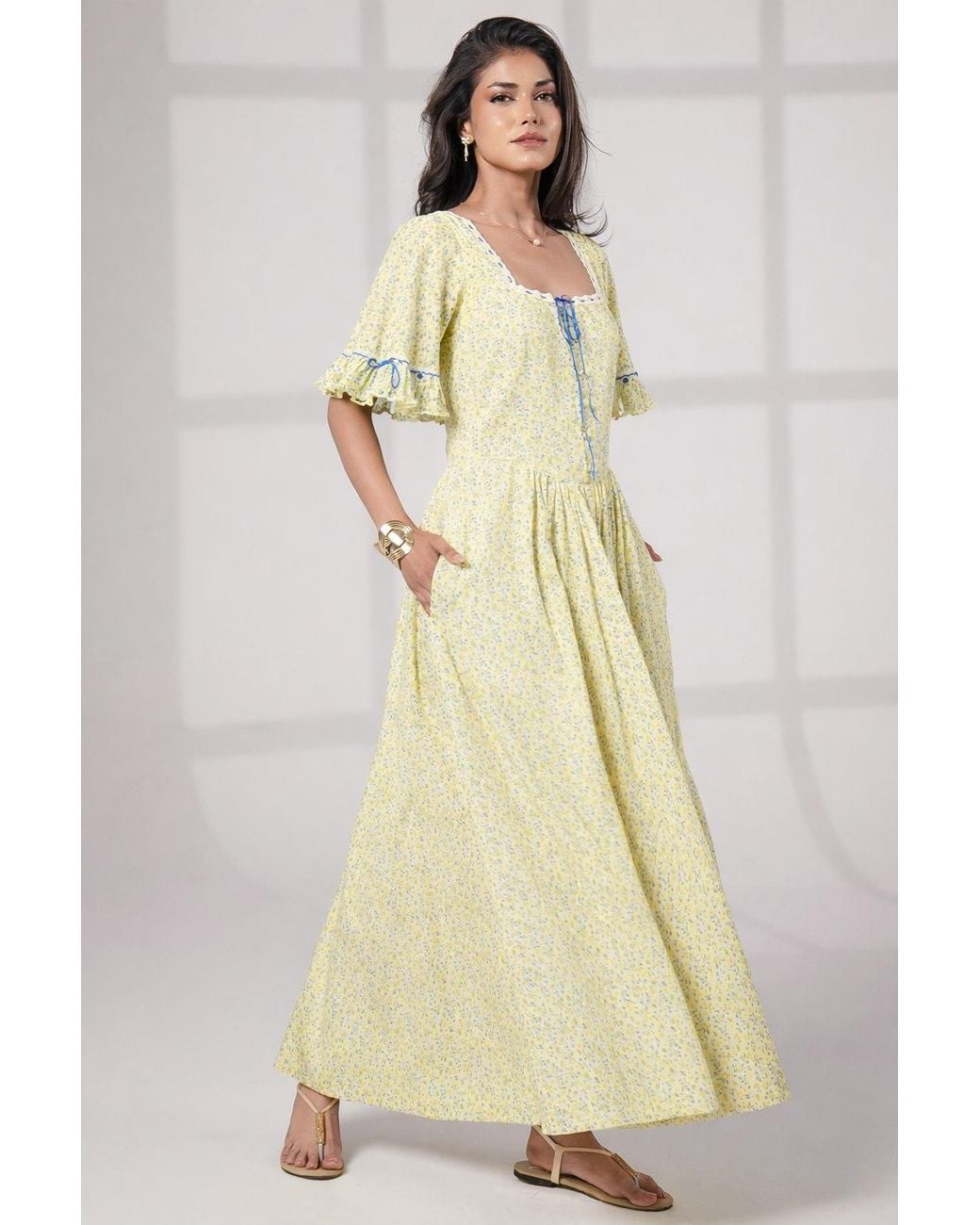 Rose & Nancy Yellow Mori Lemon Print Maxi Dress