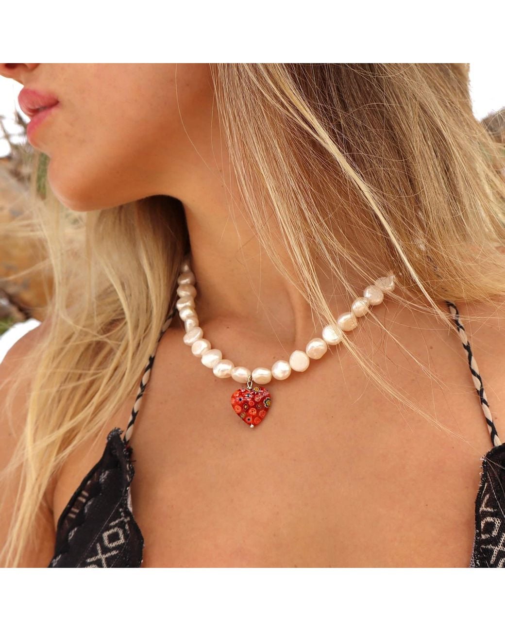 Mineralgems•Studio Red Pearl Necklace With Heart