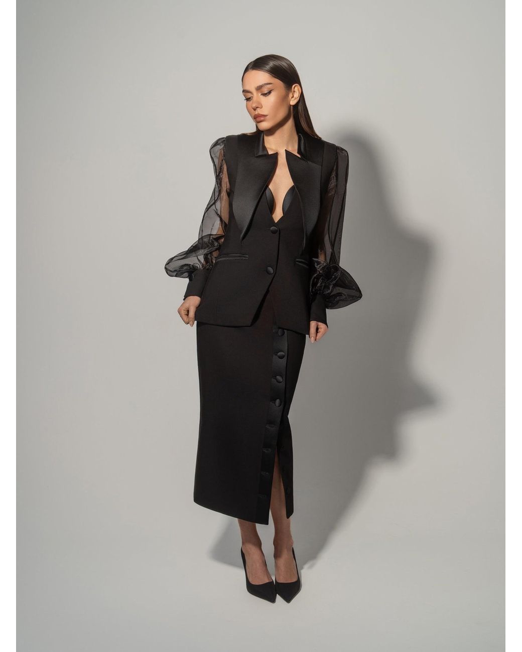 Tia Dorraine Black Femme Fatale Tailored Blazer With Organza Sleeves & Skirt Set