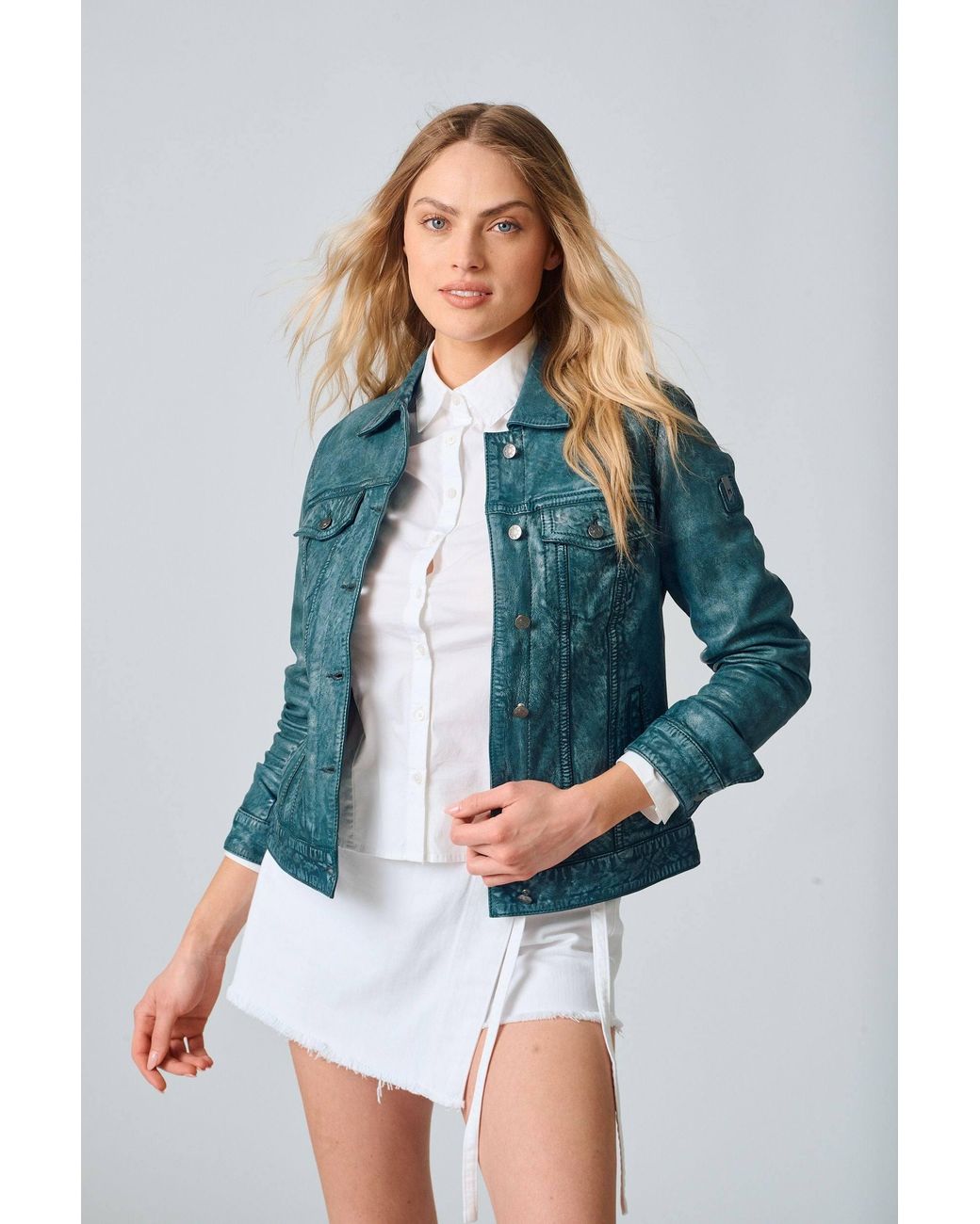 Mauritius Blue Leather Denim Jacket Jessie