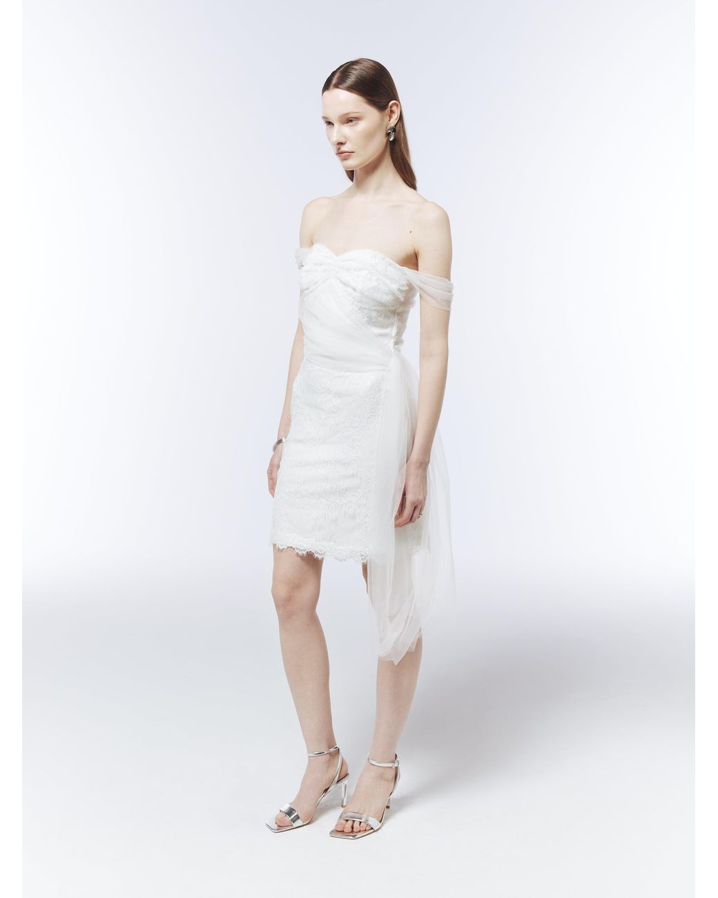 Sour Figs White Sequinned Lace Off-Shoulder Draped Mini Dress