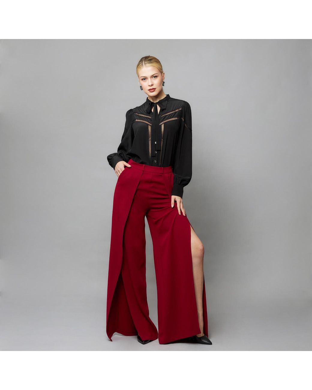 Solgo Atelier Red Dina Wide Leg Crepe Pant