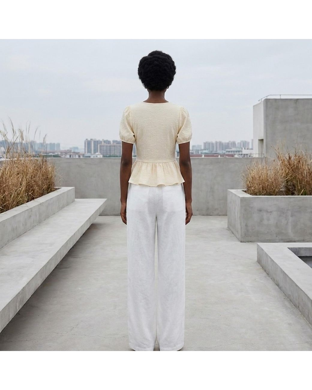 Modenaire Natural Neutrals Peplum Blouse Sculpted Sleeve Bow Detail