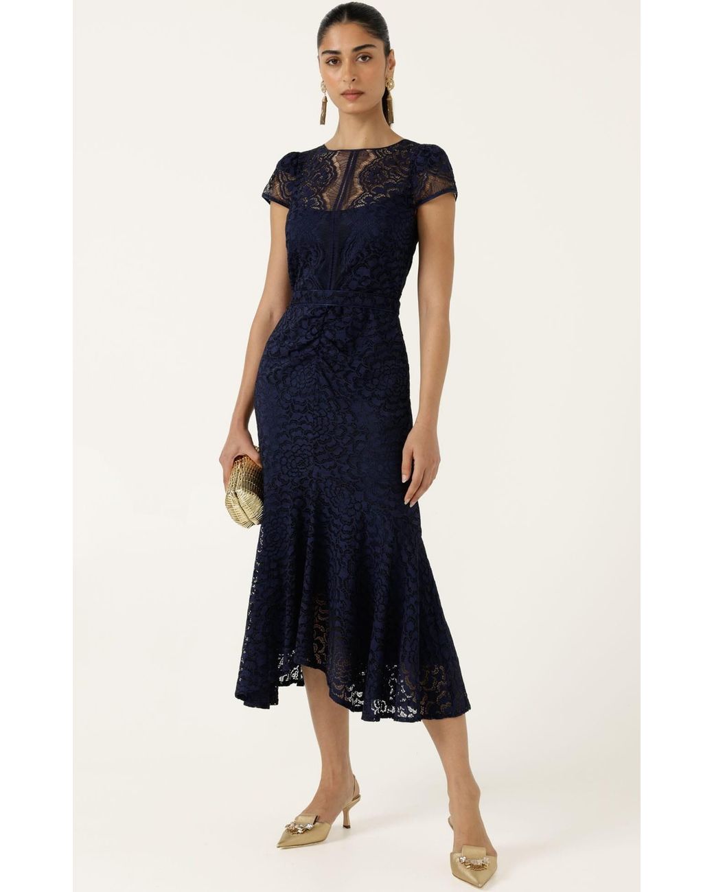 SACHA DRAKE Blue Affair Of Honour Scalloped Lace Midi Dress