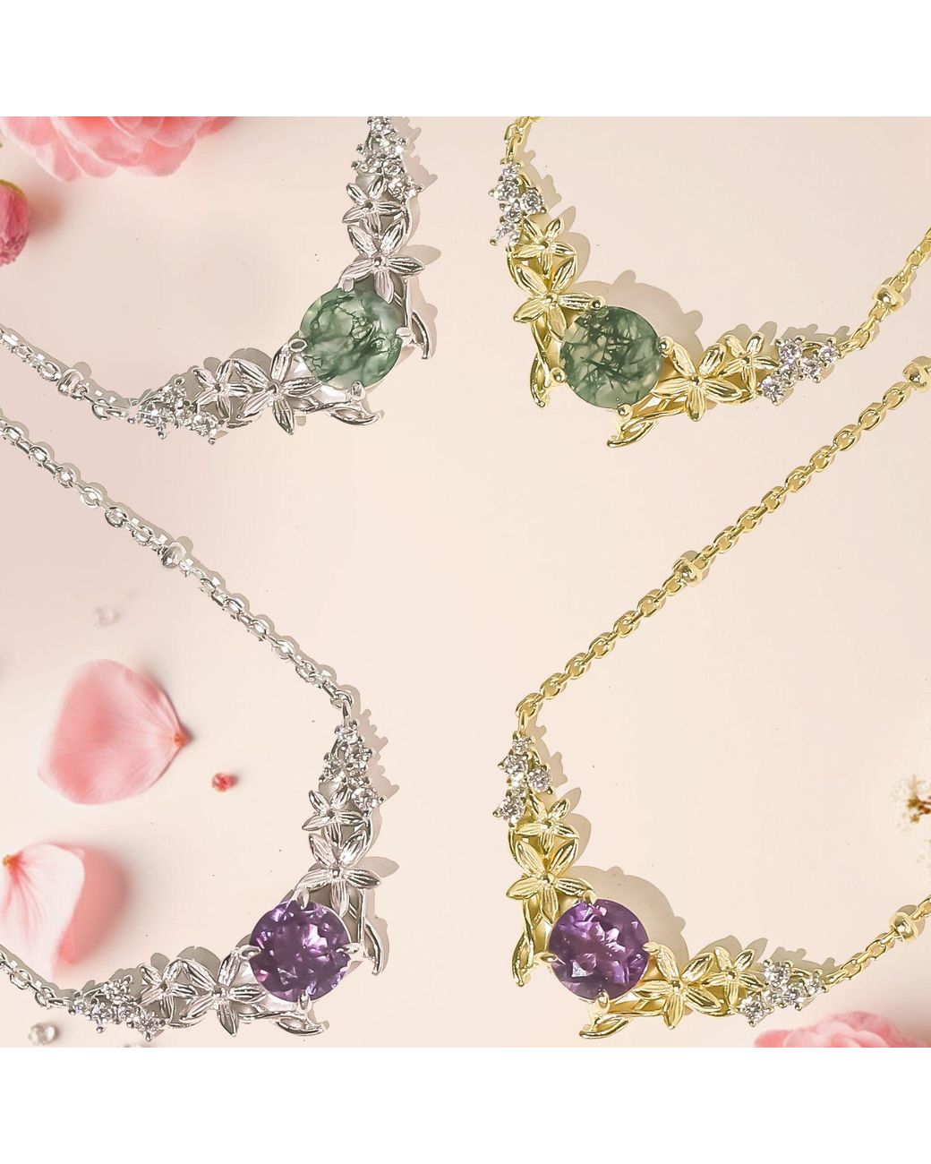Azura Jewelry New York Metallic Leaf Moss Agate Necklace Vermeil