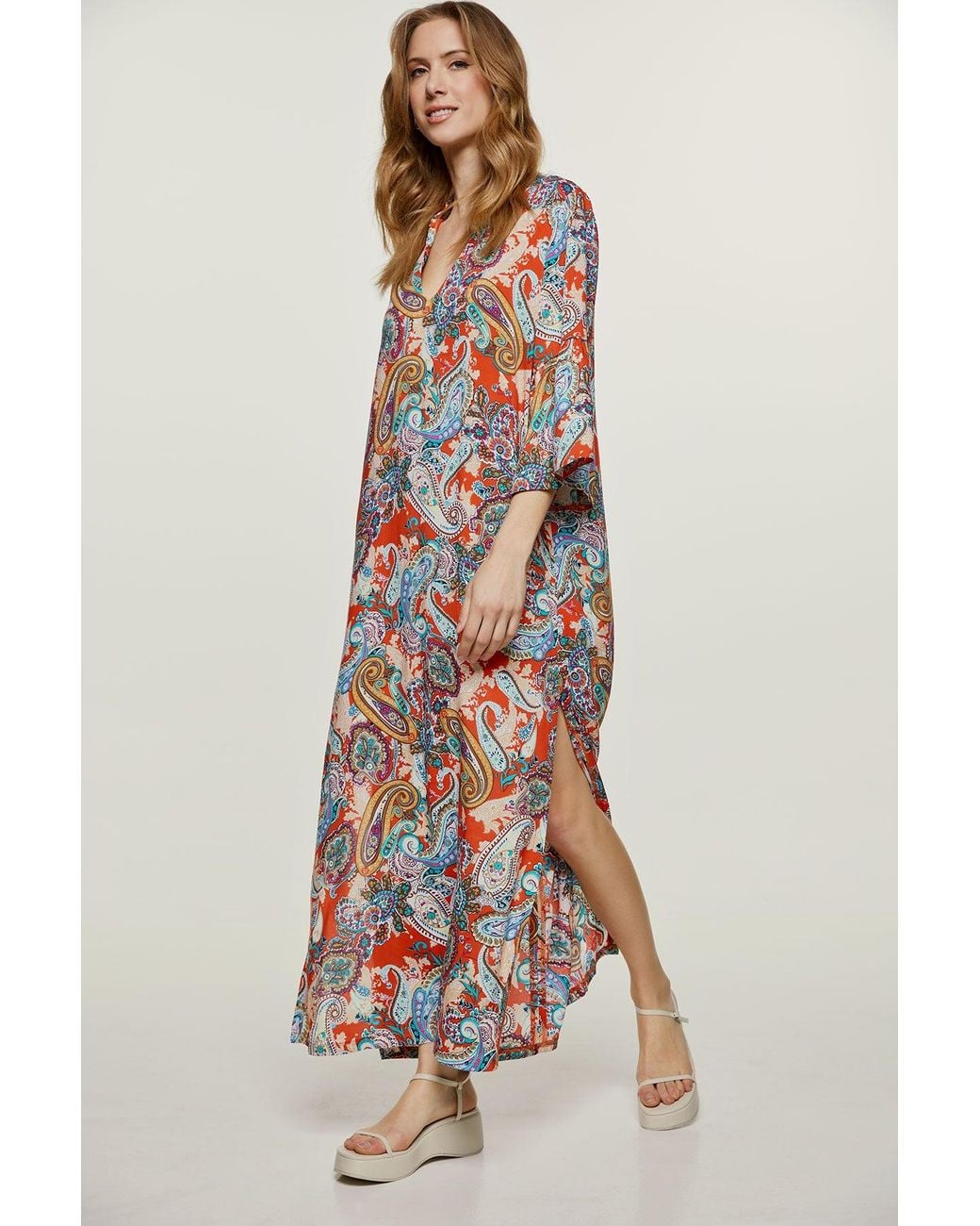 Conquista Red Paisley Kaftan Style Dress