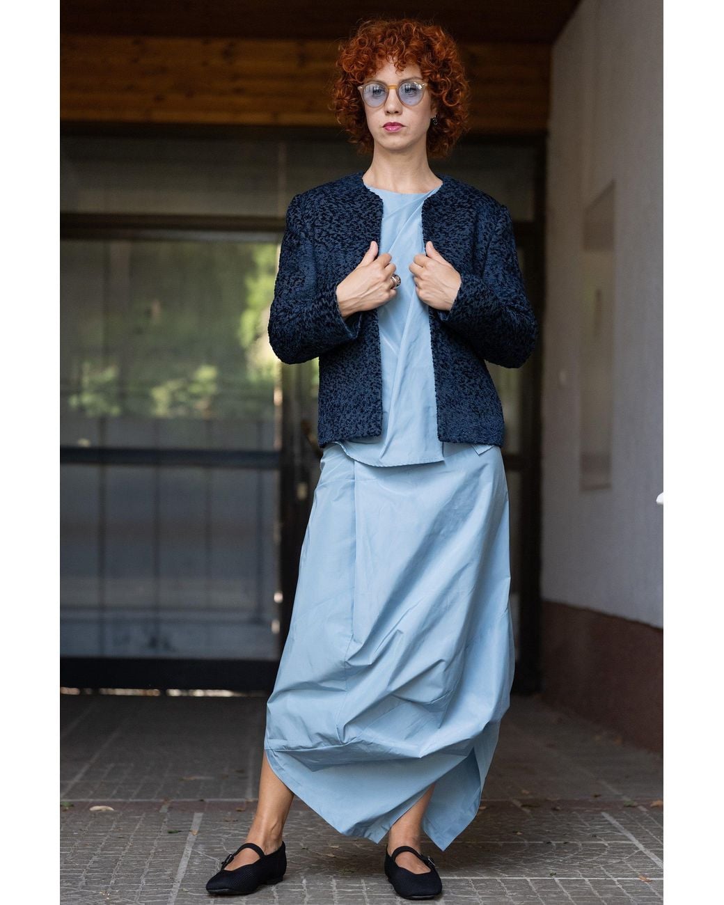 Stovaria Blue Handwoven Moss Texture Wool-Linen Statement Jacket